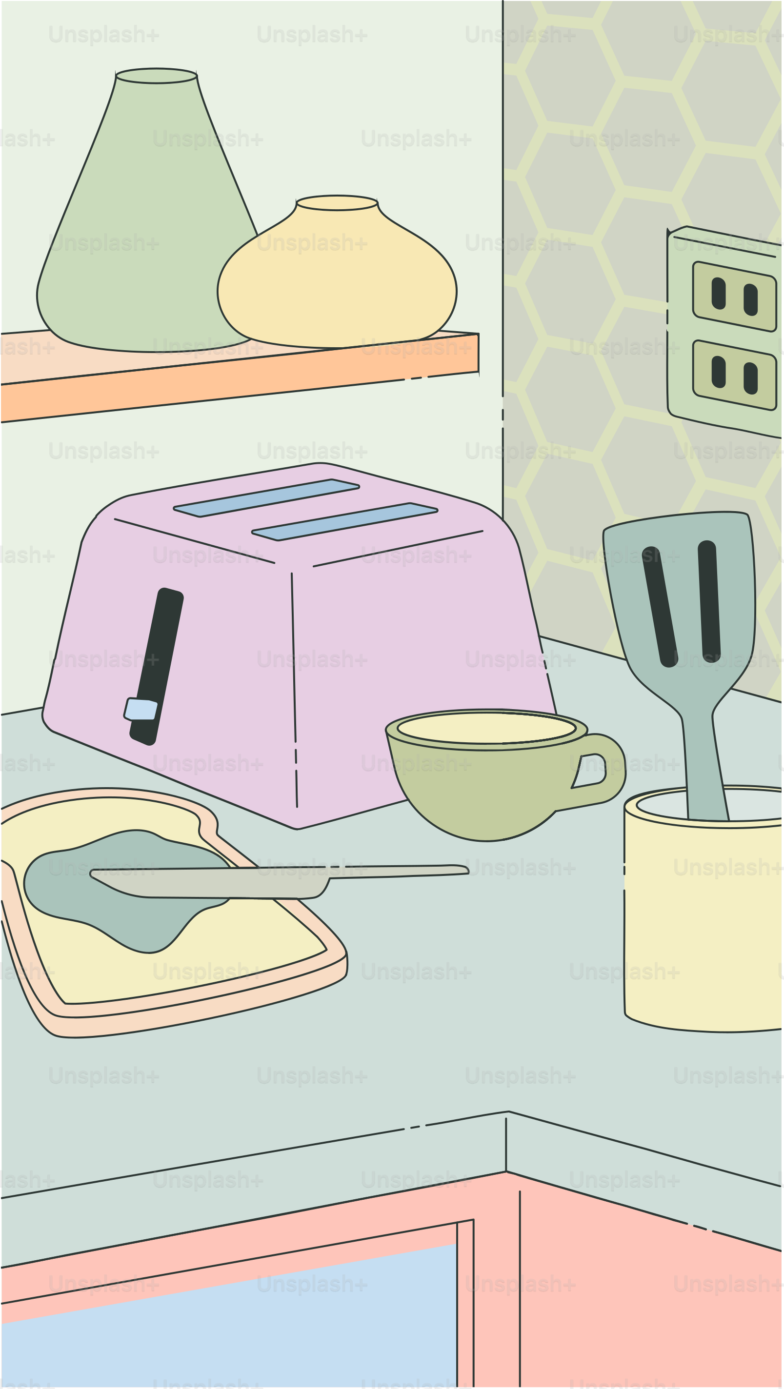 A kitchen counter with a toaster, bowl and utensils