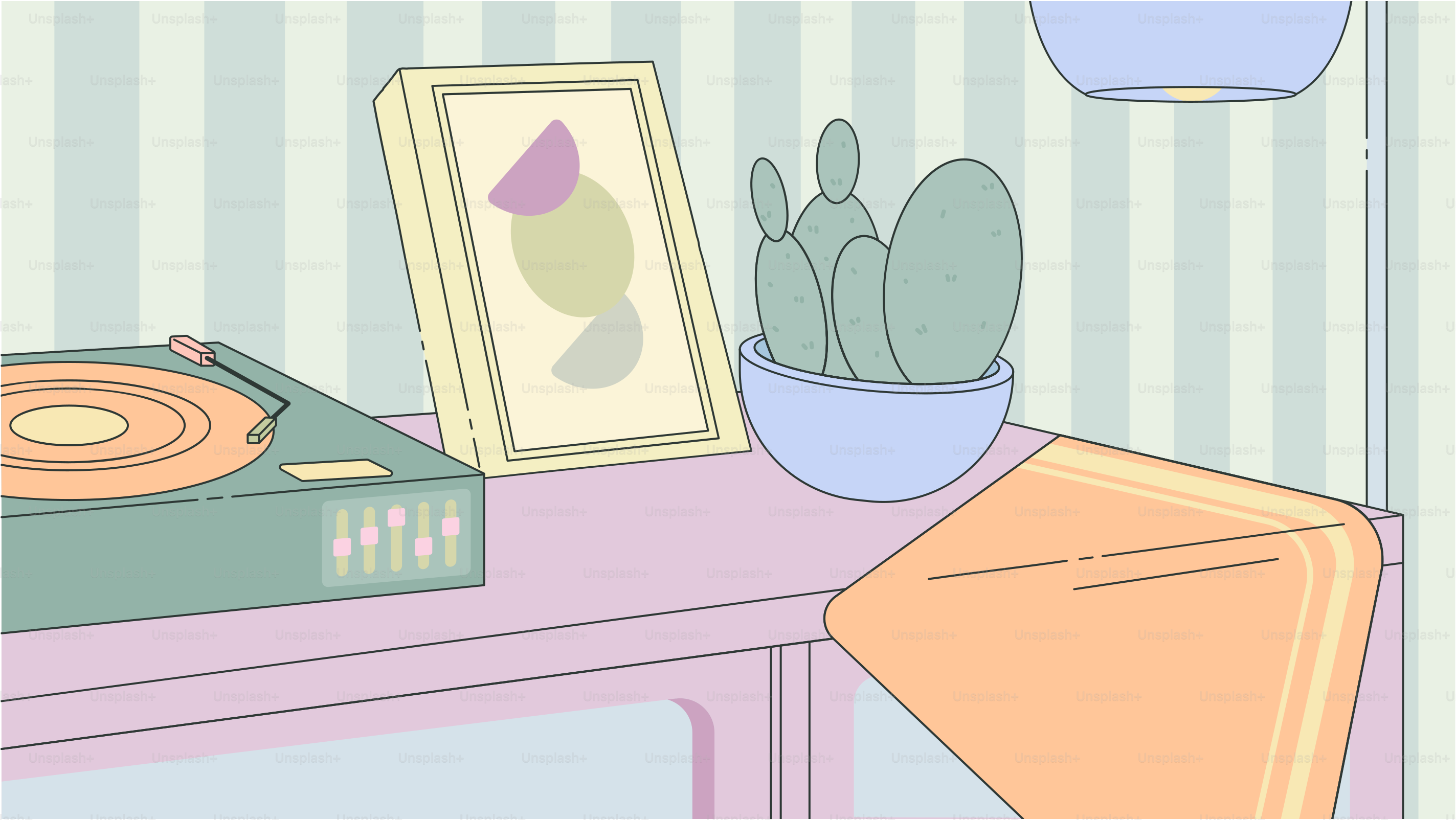 A table with a record player and a potted plant