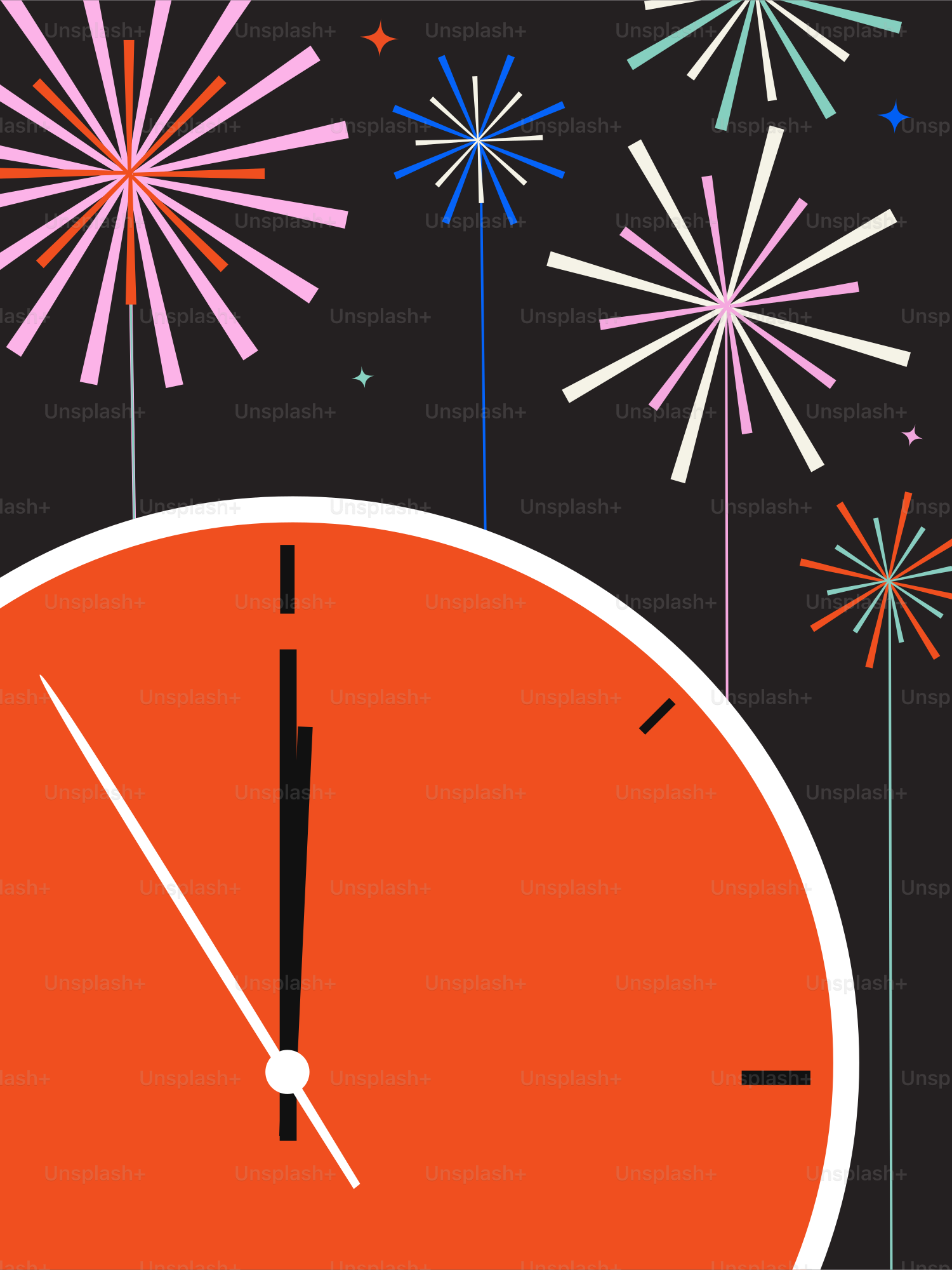 Eine Uhr mit Feuerwerk auf schwarzem Hintergrund