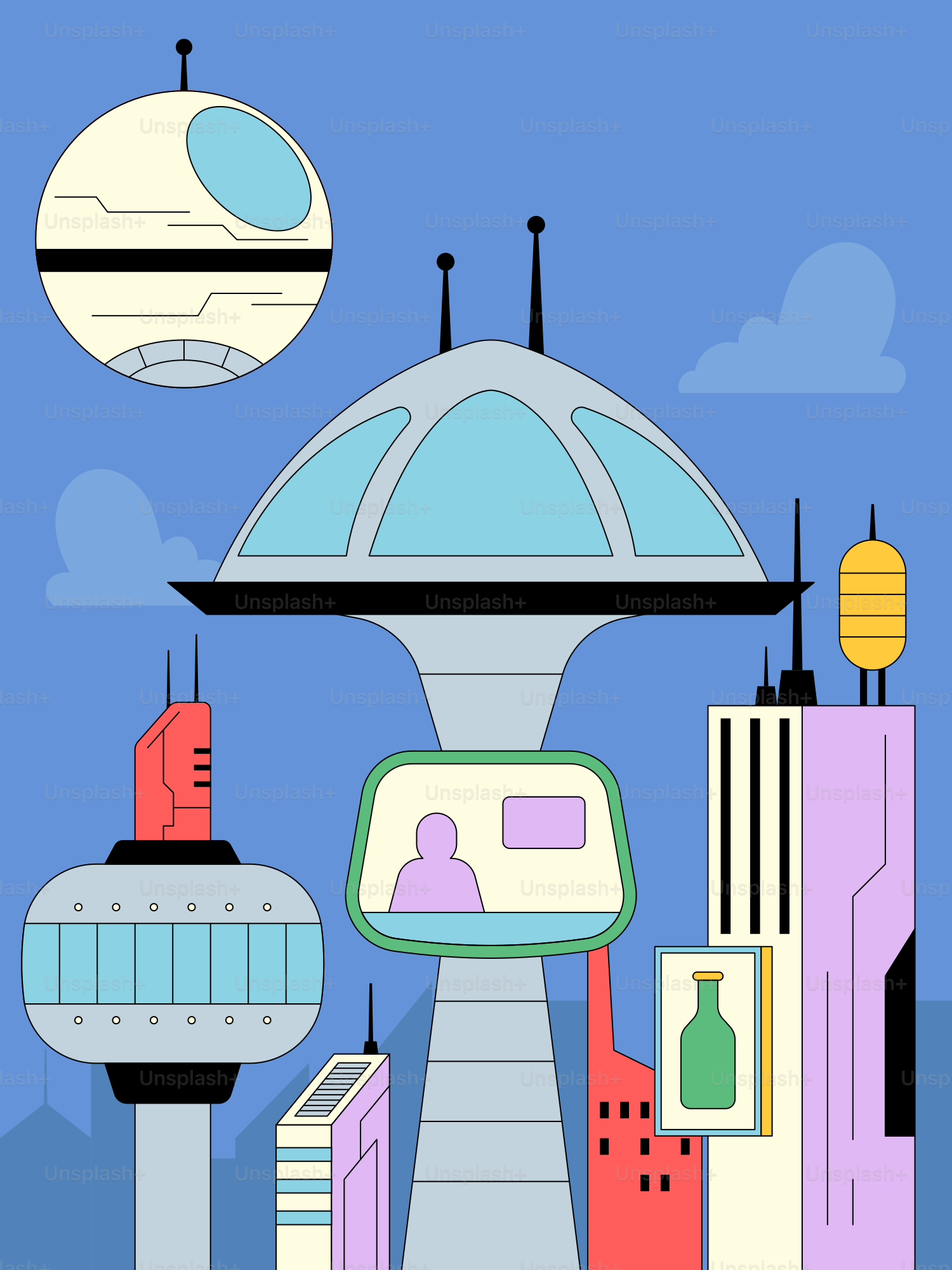 A poster of a futuristic city with a spaceship in the background