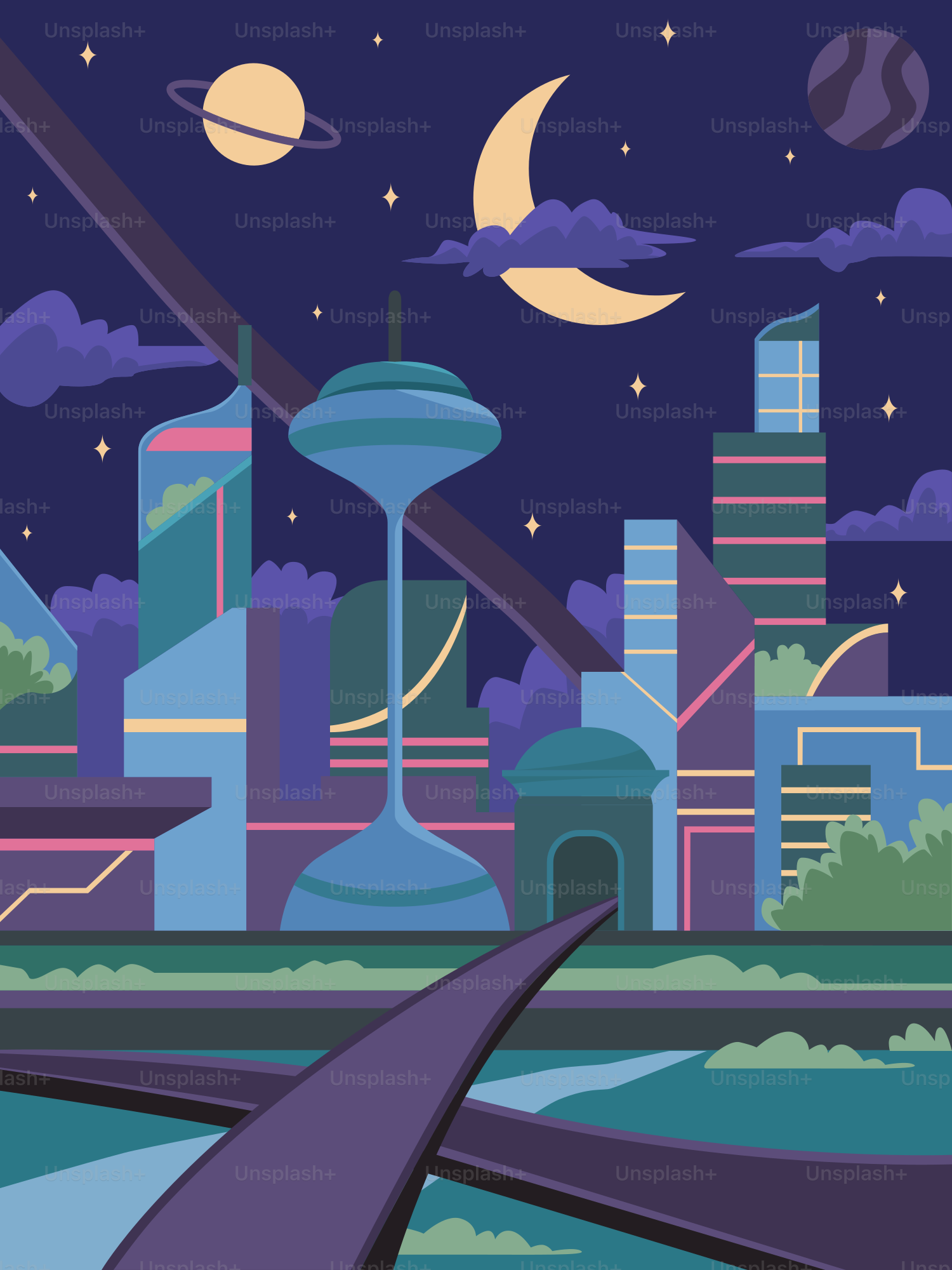 Eine Karikatur einer Stadt bei Nacht mit dem Mond am Himmel