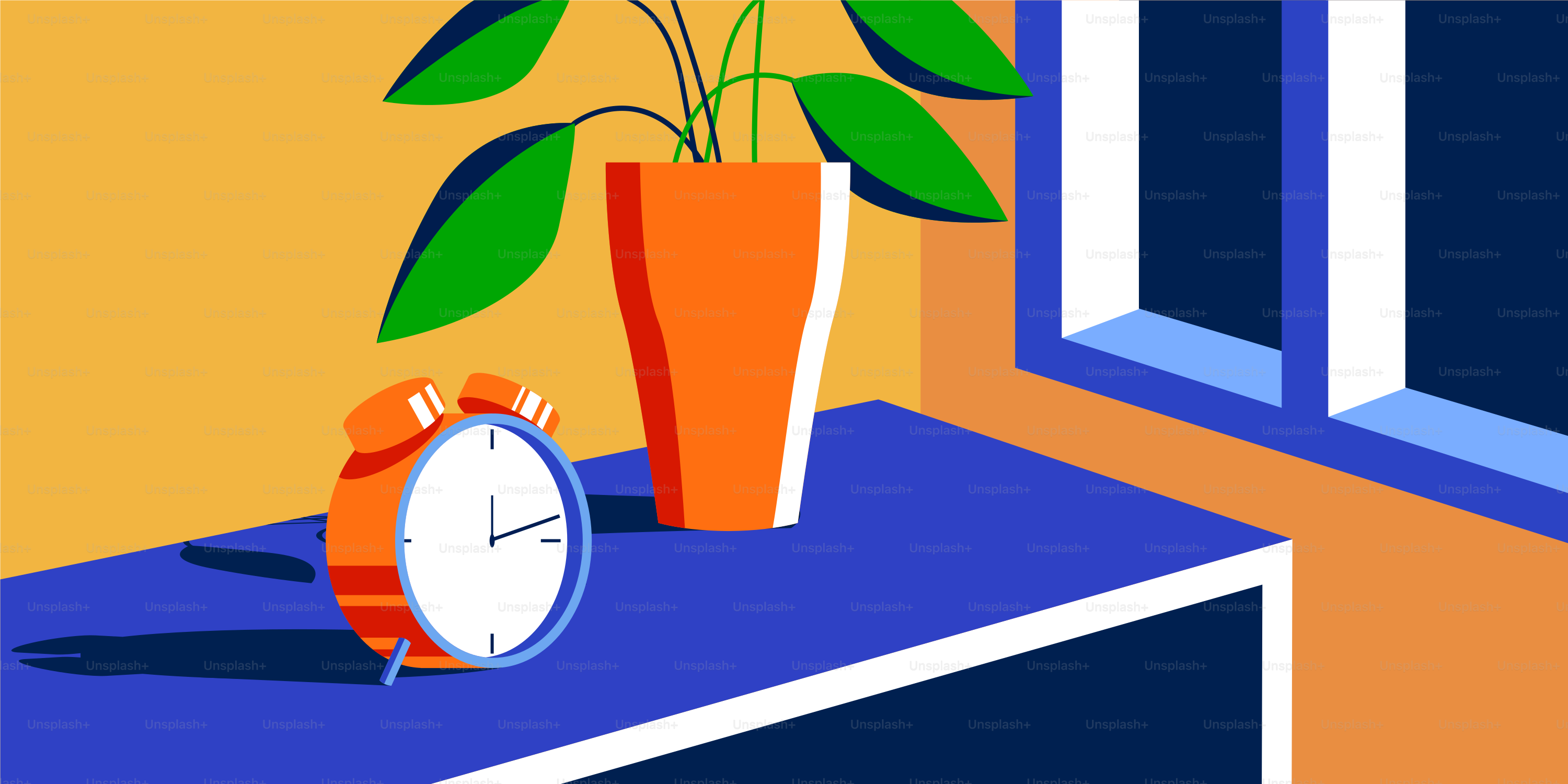 Un jarrón con una planta y un reloj en el alféizar de una ventana