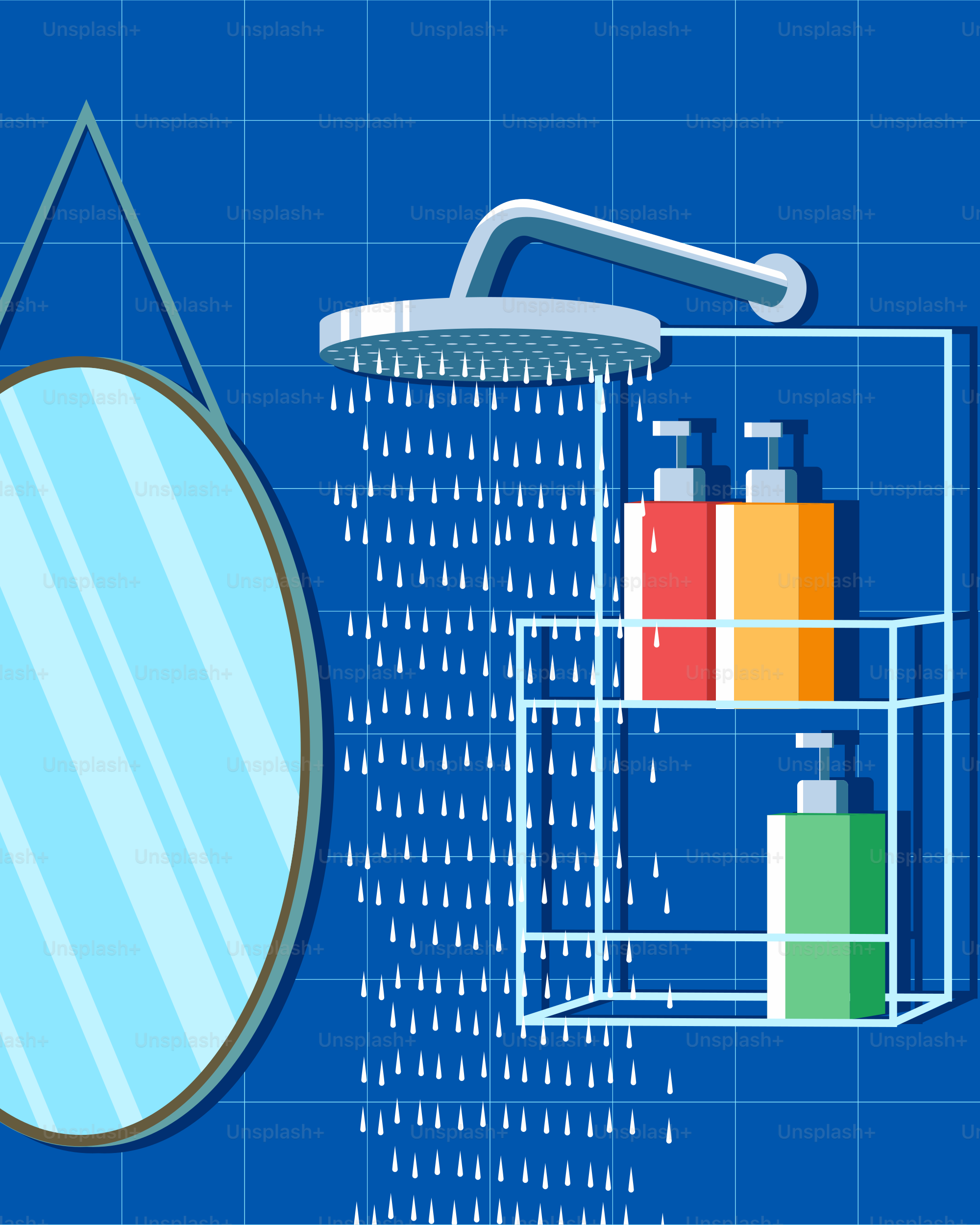 A blue tiled bathroom with a shower head and mirror