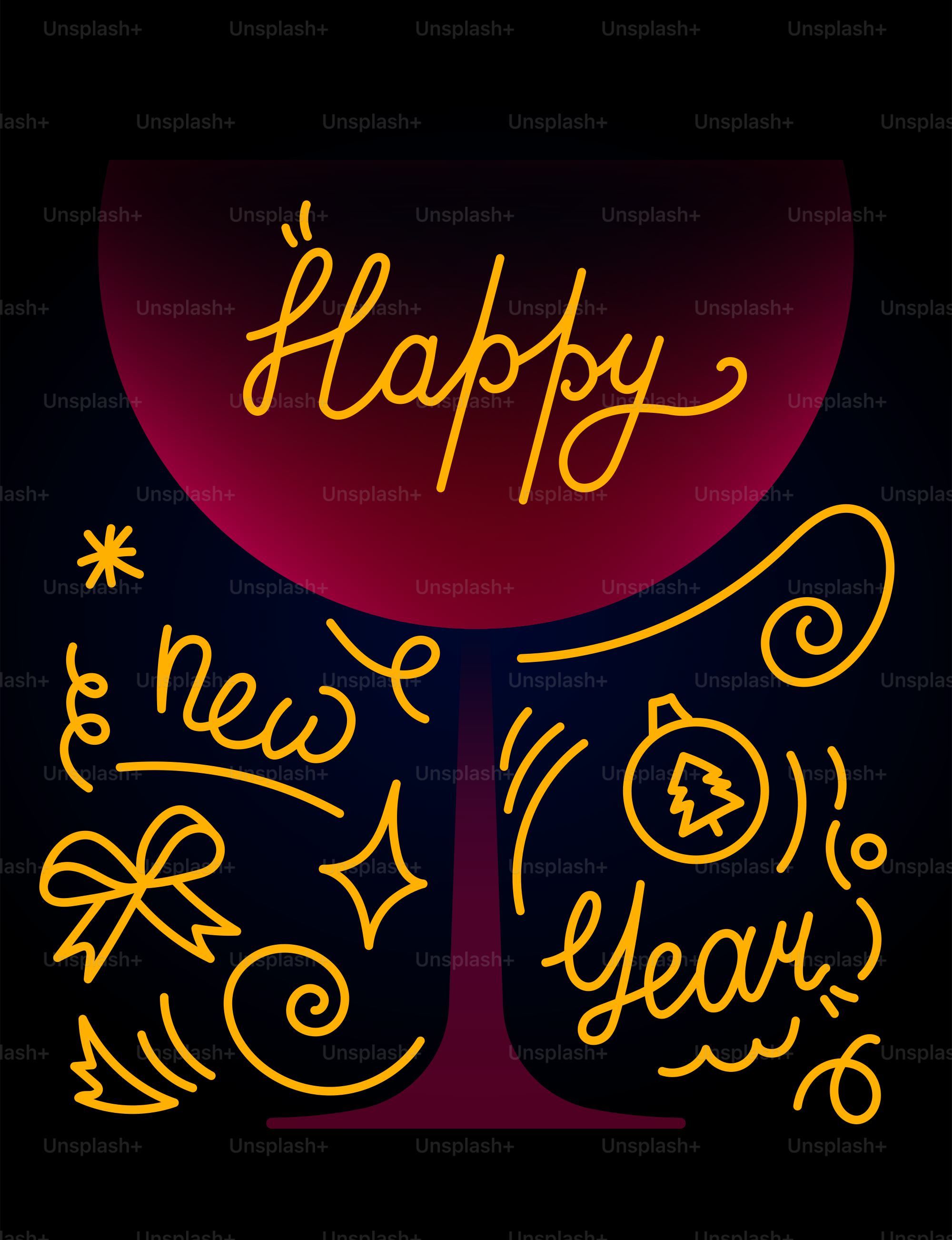 Una tarjeta de feliz año nuevo con una copa de vino