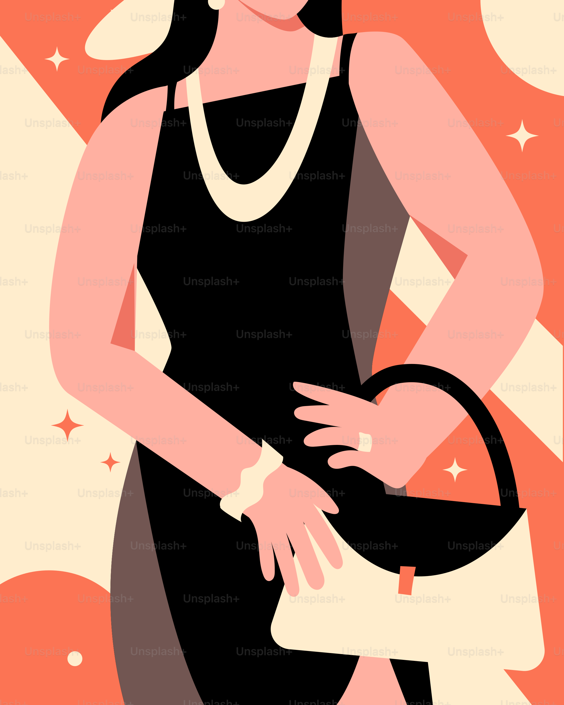 A woman in a black dress holding a white purse