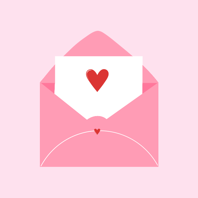 A pink envelope with a heart on it