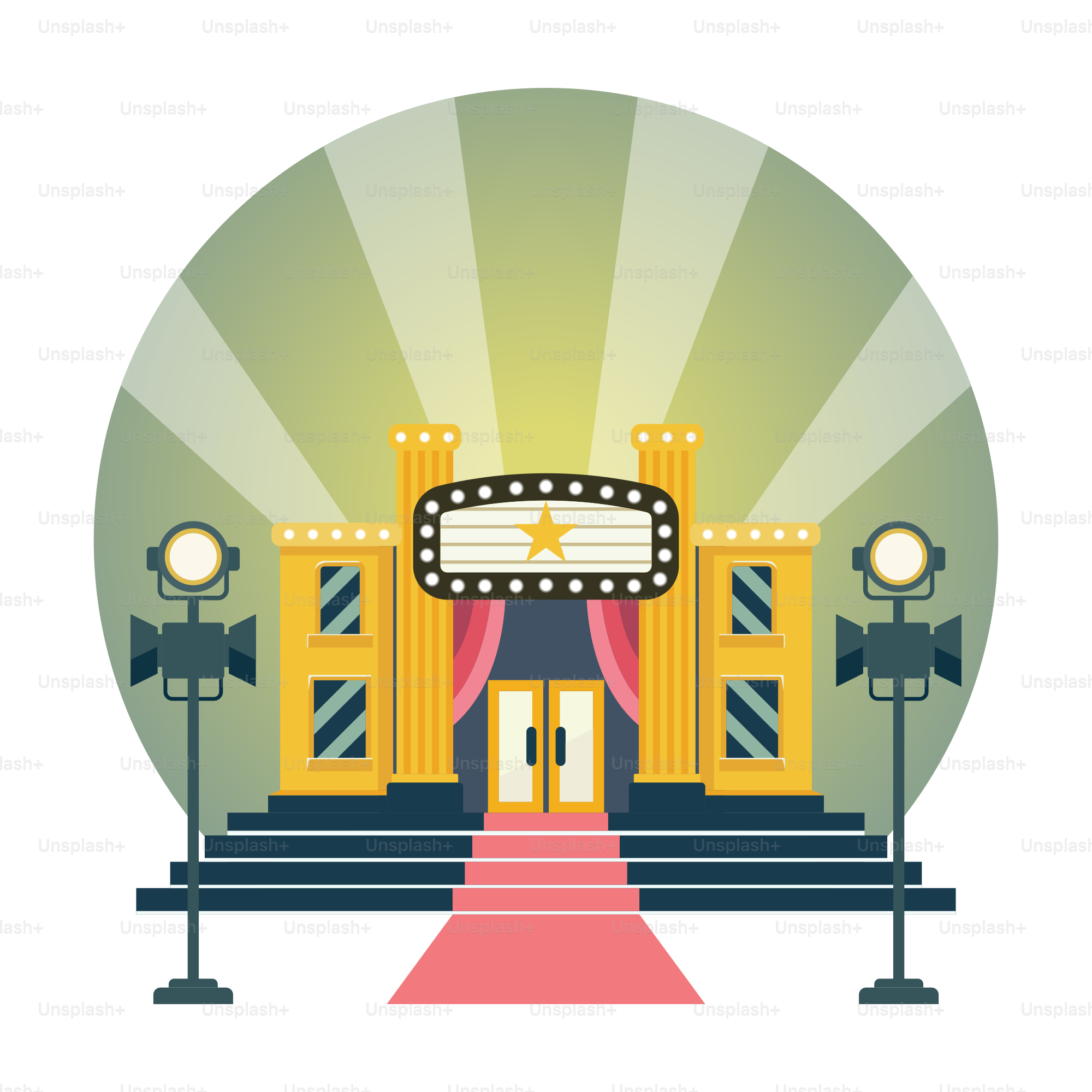 A stage with a red carpet and lights