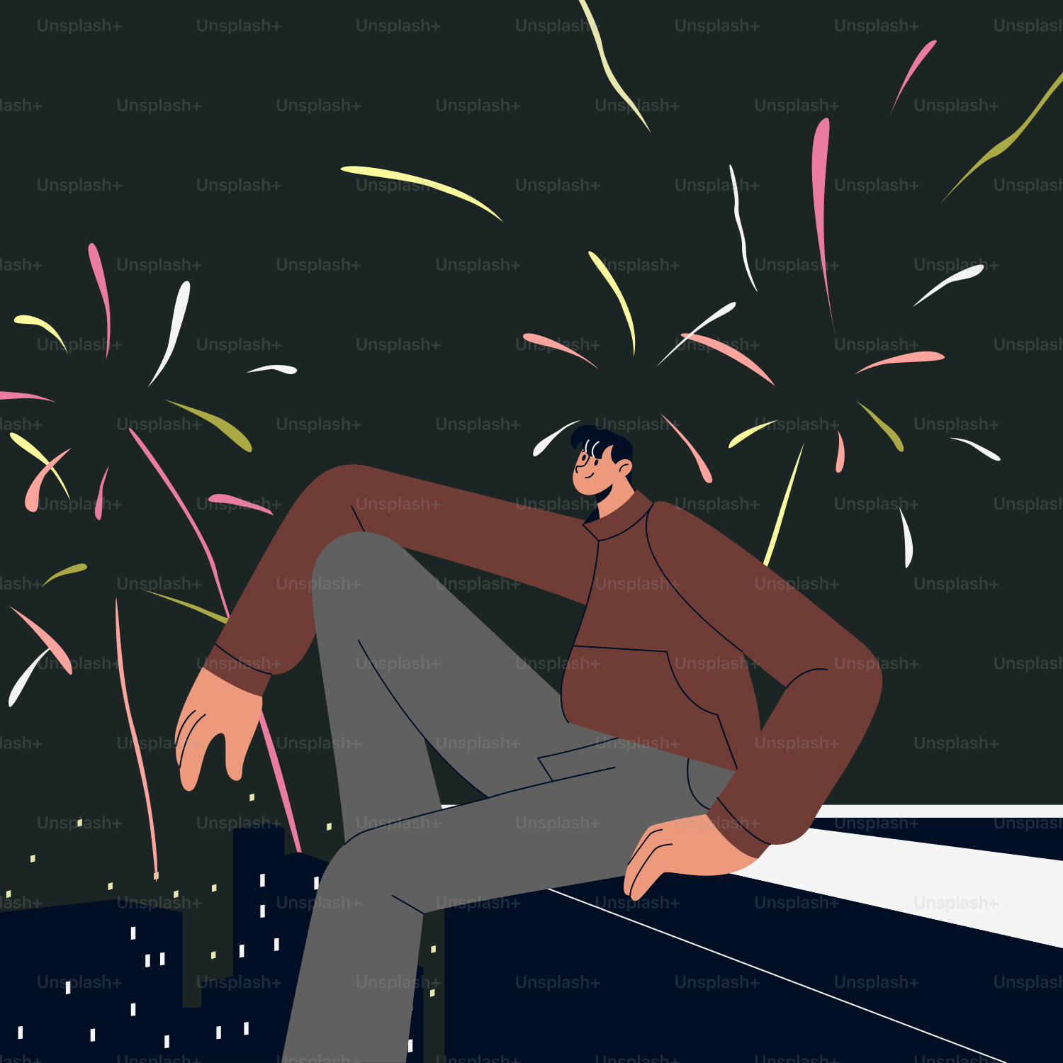 A man sitting on a ledge watching fireworks
