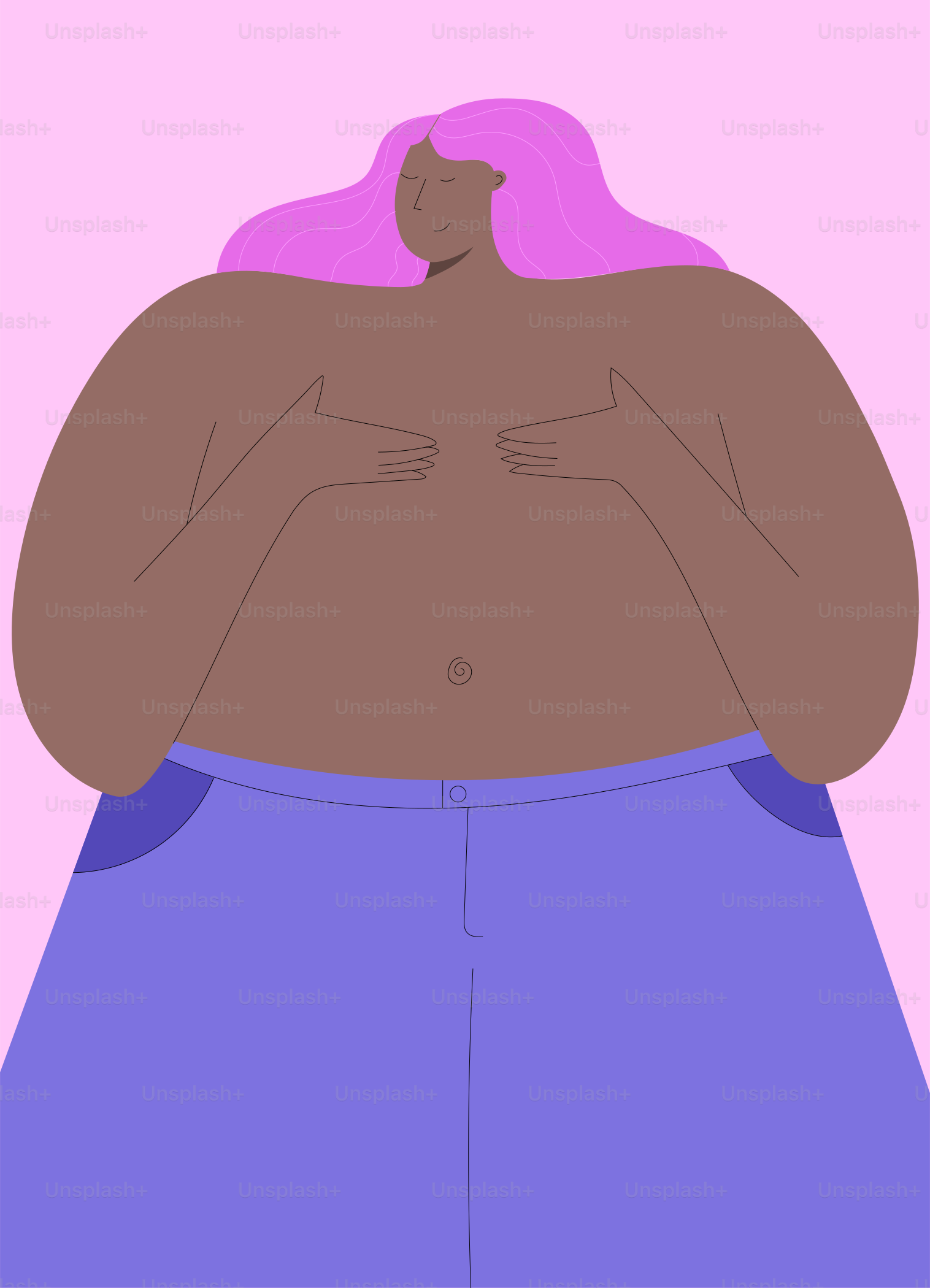 A woman with pink hair standing in front of a pink background