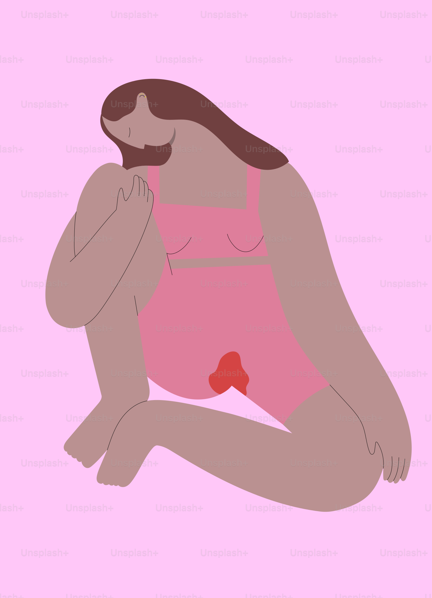 A woman in a pink underwear sitting on the ground