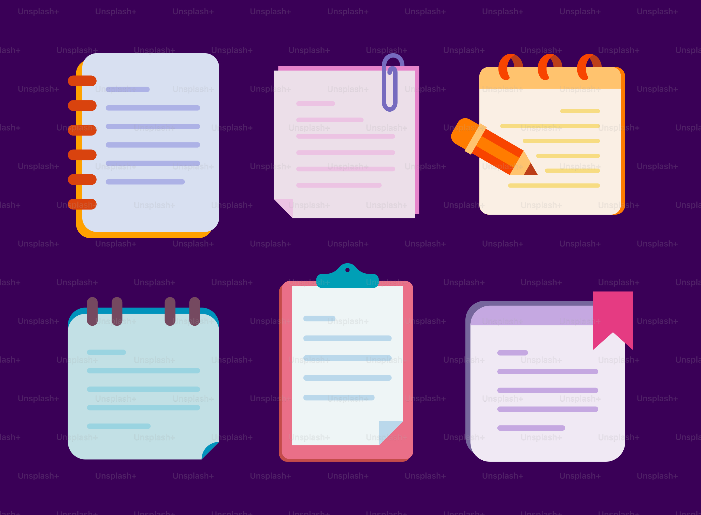 Un fondo morado con cuadernos y un bolígrafo