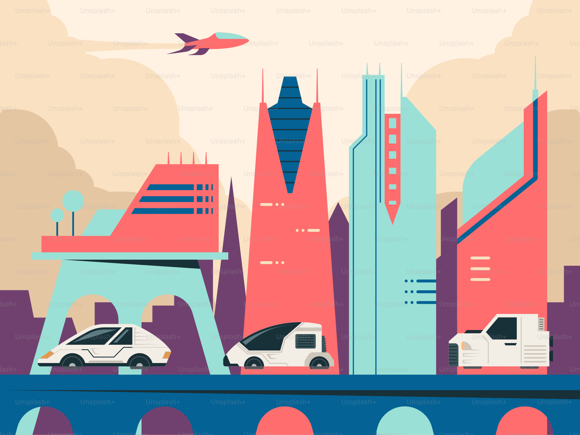 A picture of a city with a plane flying over it