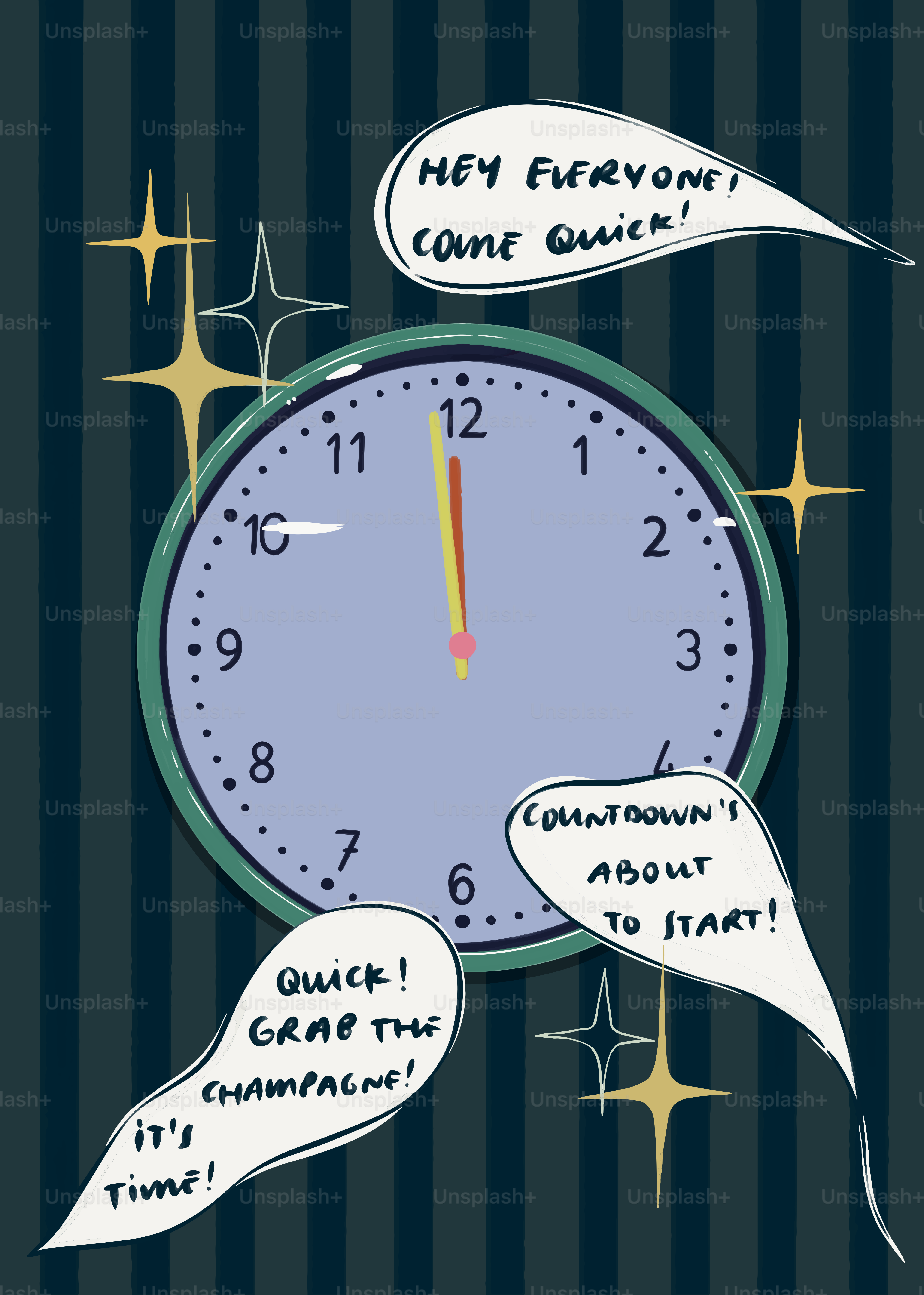 A drawing of a clock with speech bubbles above it