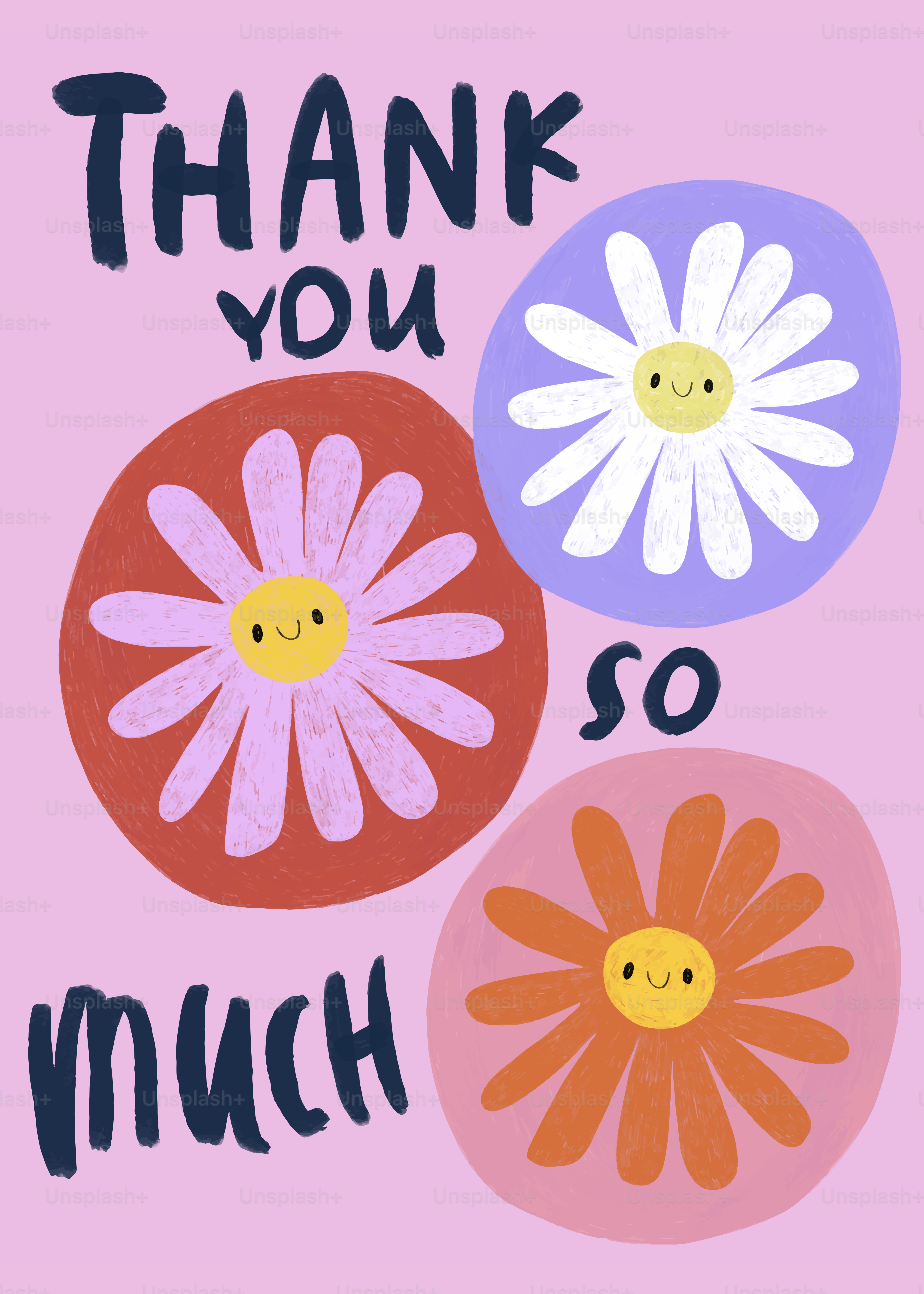 A thank you card with three flowers on a pink background