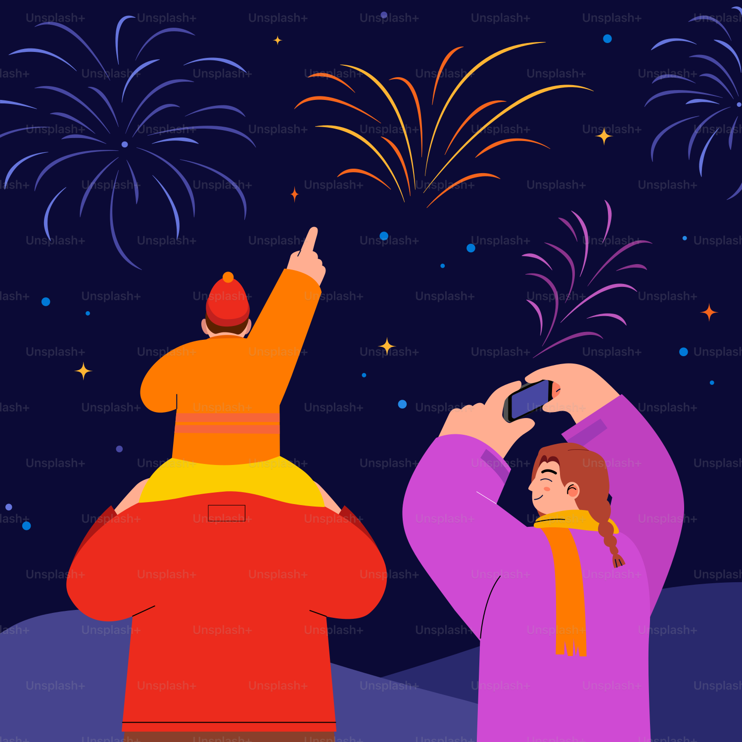 Ein Mann und ein kleines Mädchen schauen Feuerwerk