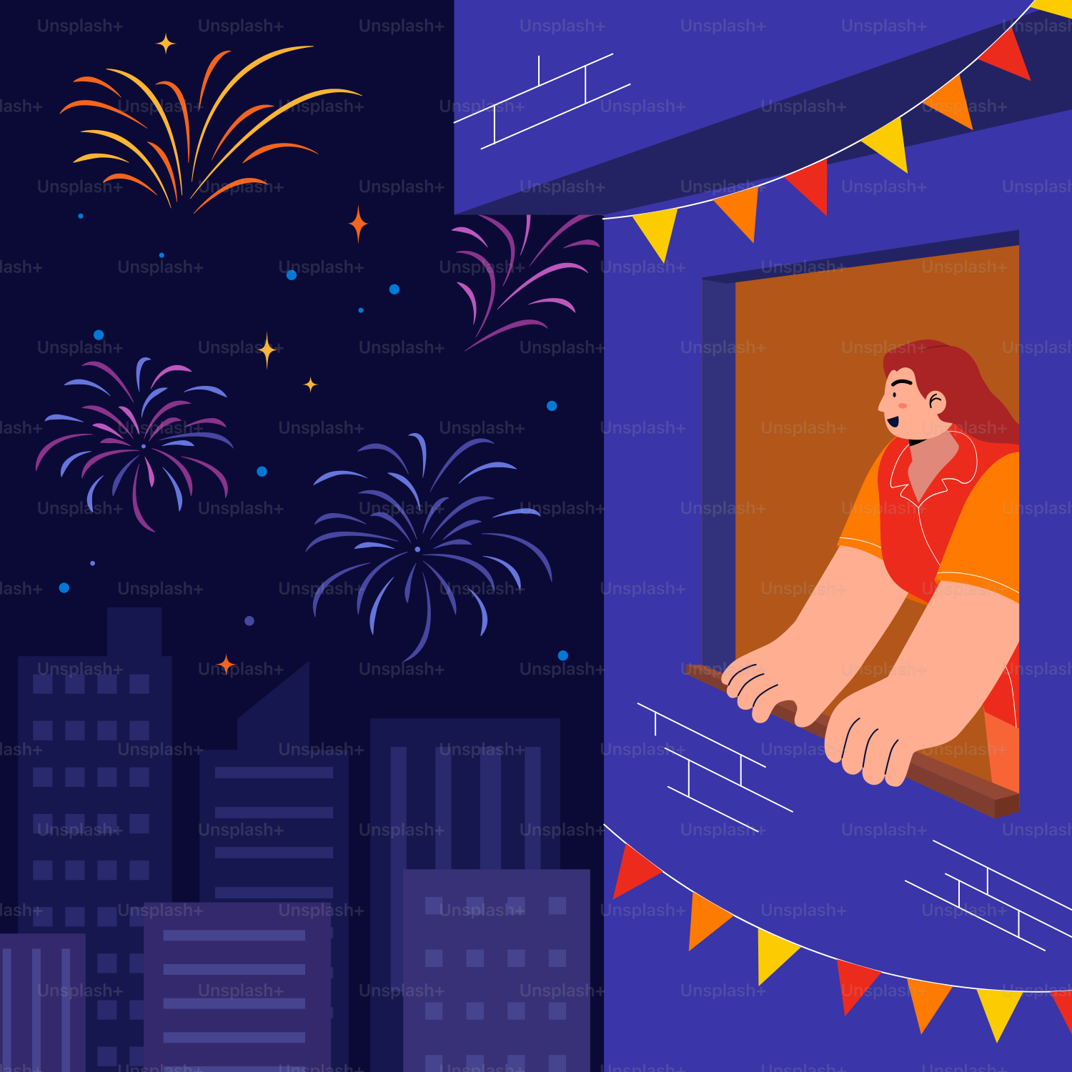 Ein Mann, der aus dem Fenster auf ein Feuerwerk schaut