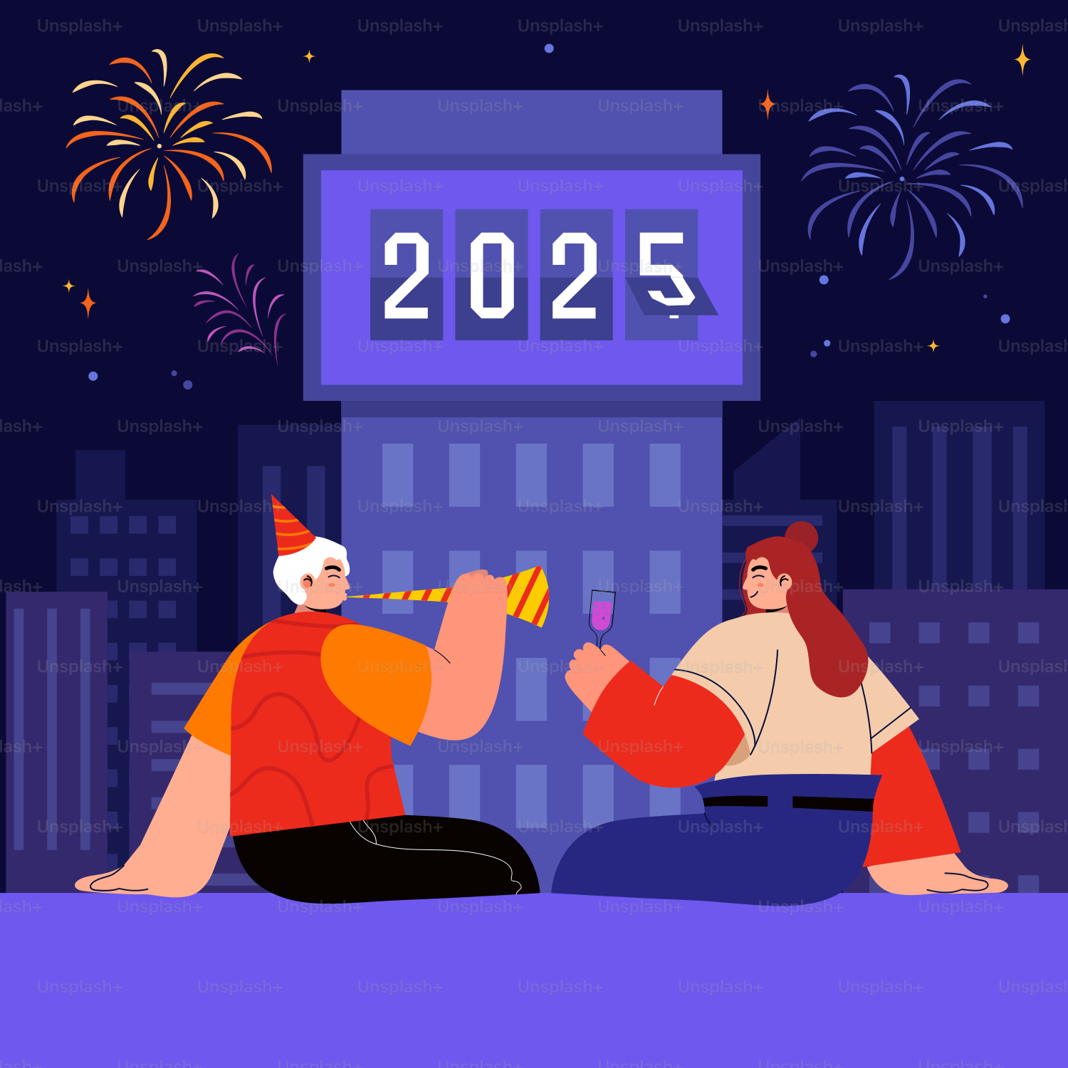 Zwei Menschen sitzen auf dem Boden, während im Hintergrund Feuerwerk läuft