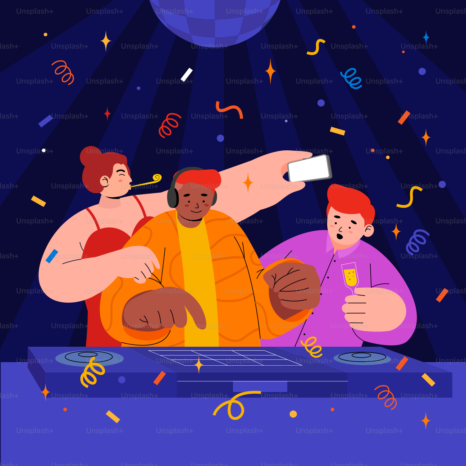 Eine Gruppe von Menschen, die um einen Tisch mit Konfetti sitzen