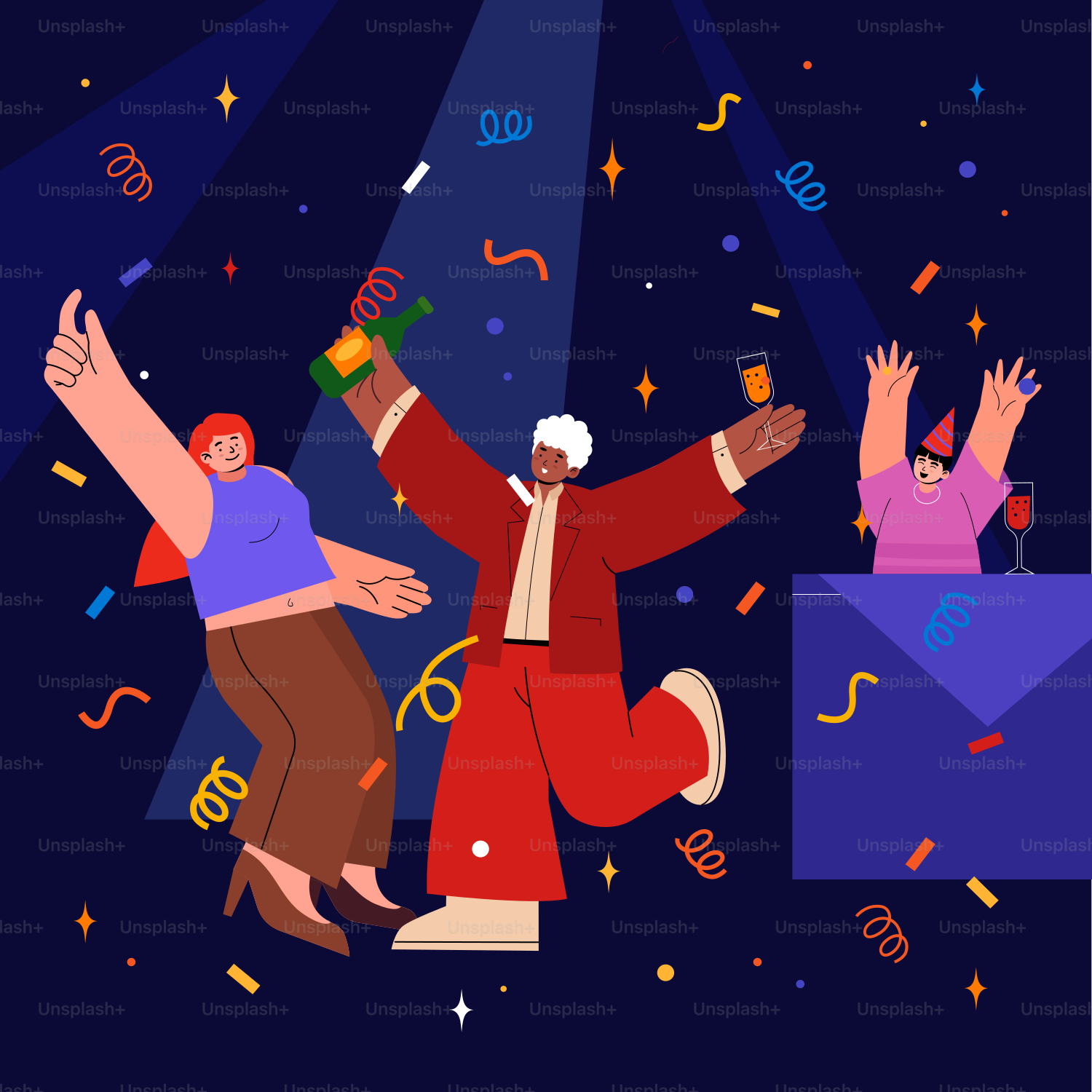 Eine Gruppe von Menschen, die eine Party mit Konfetti und Girlanden feiert