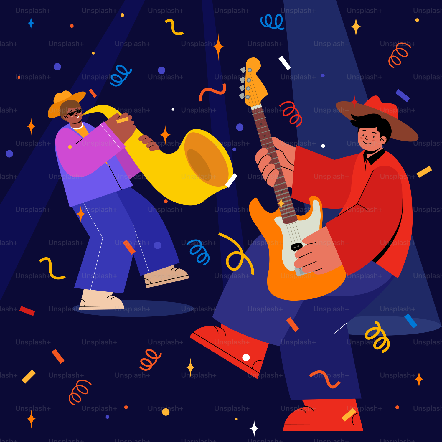 Ein Mann, der Gitarre spielt, und ein Mann, der Saxophon spielt