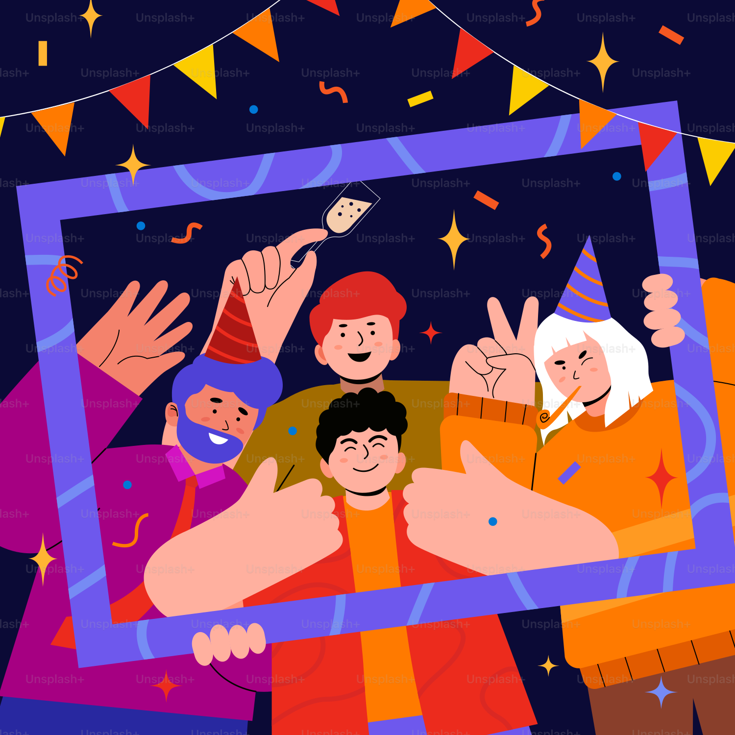 Eine Gruppe von Menschen, die vor einem Bilderrahmen stehen