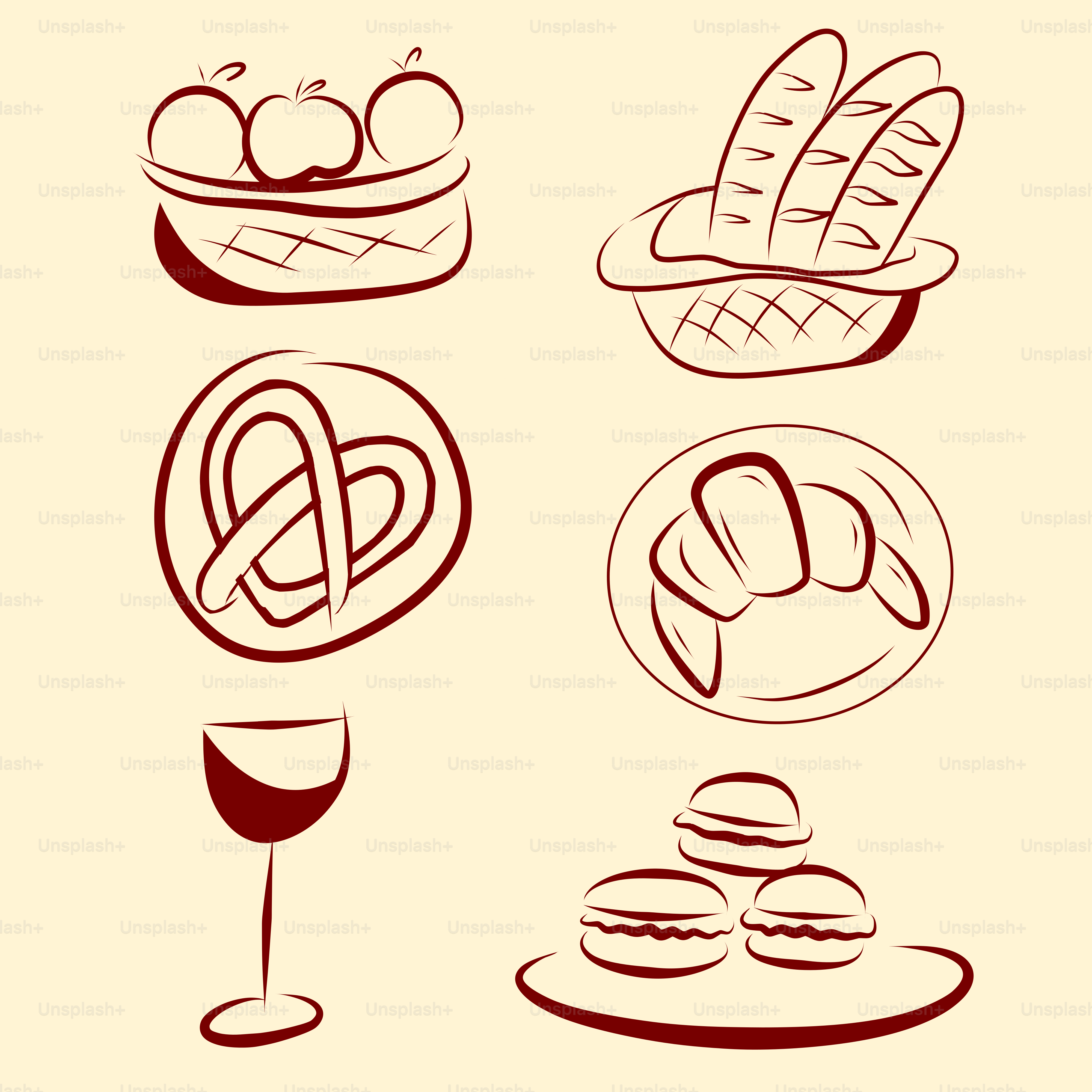 A drawing of different types of breads and pastries