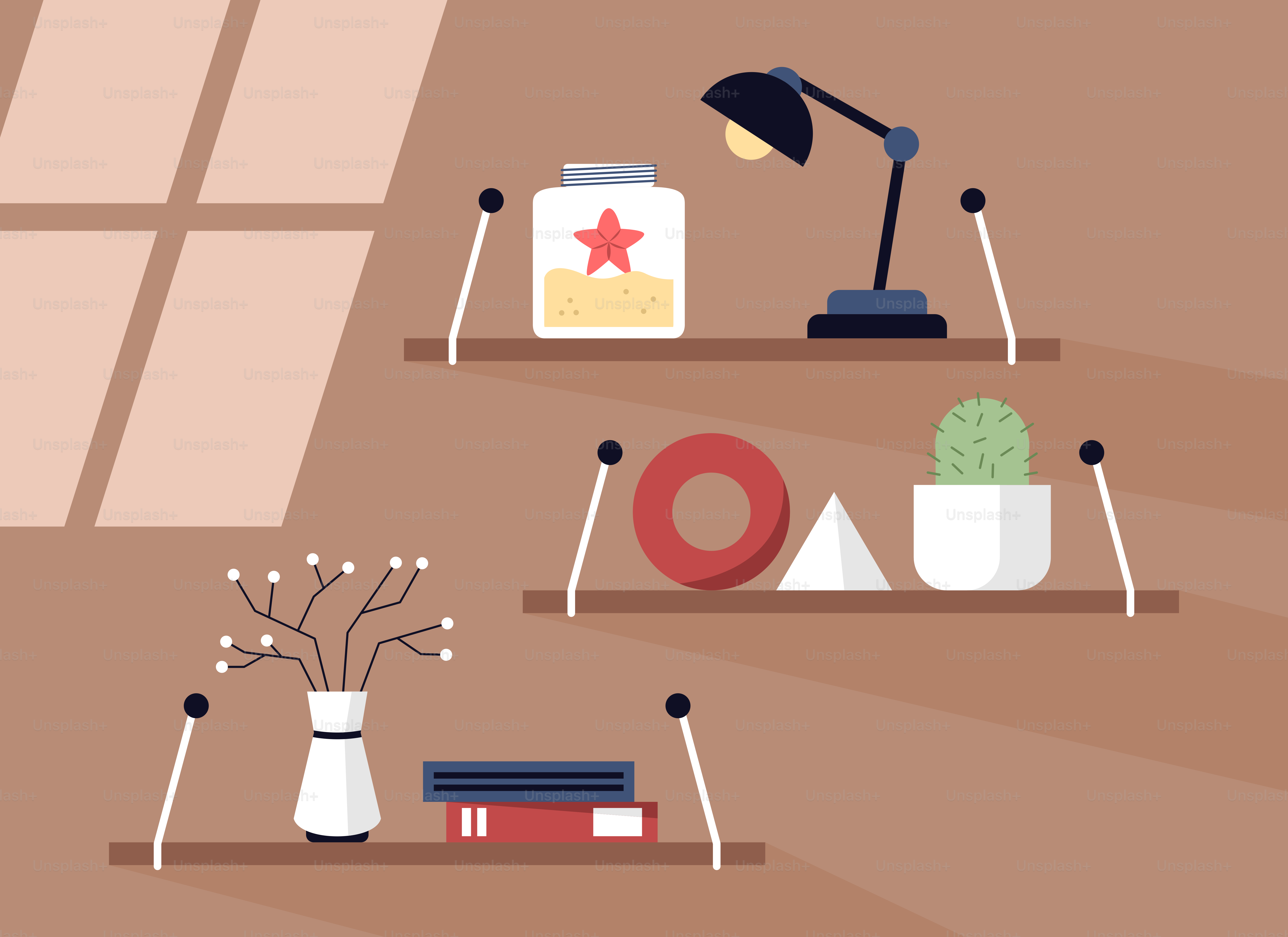 A room with shelves and a lamp on the wall