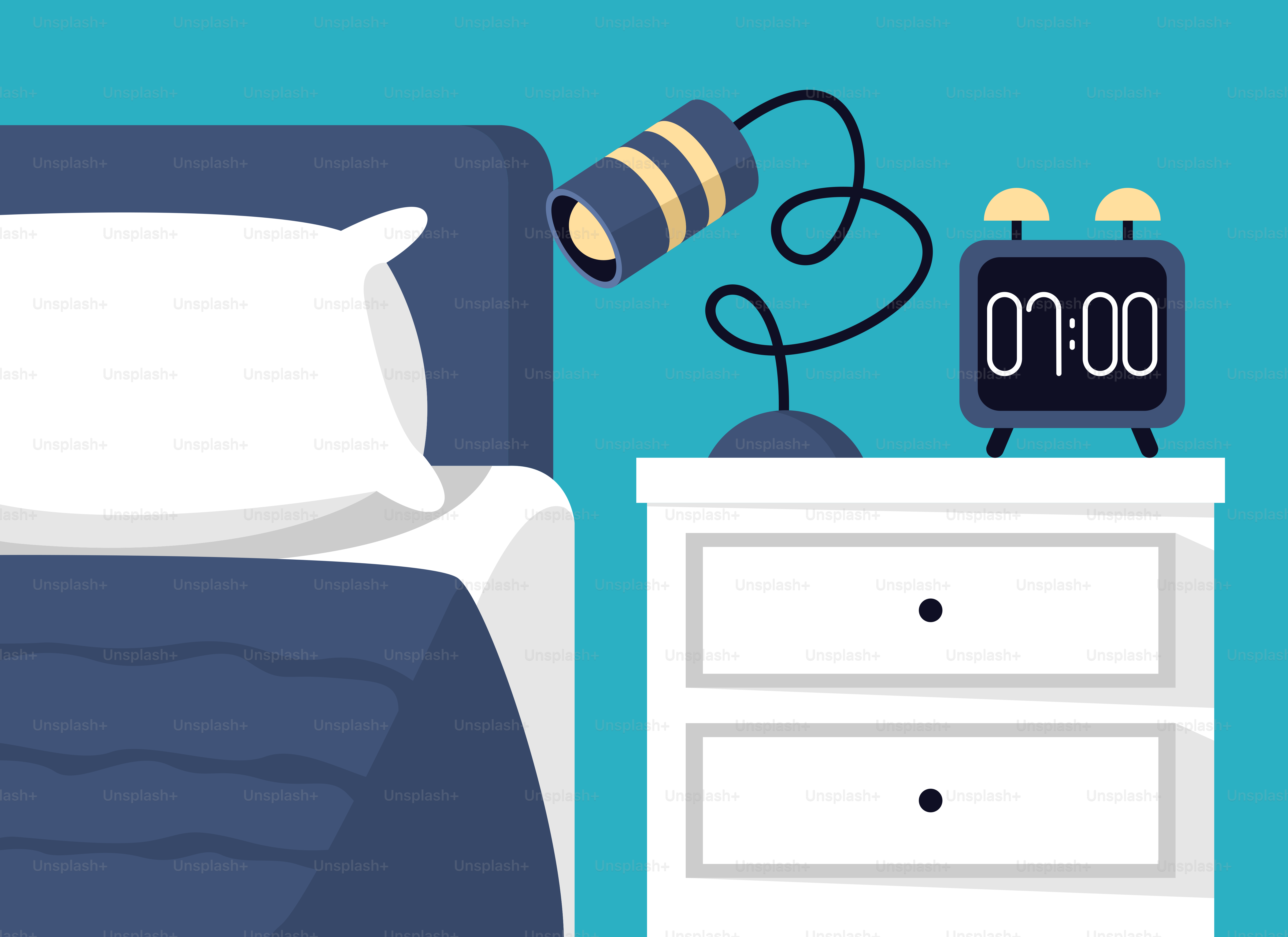 A bedroom scene with a bed and nightstand