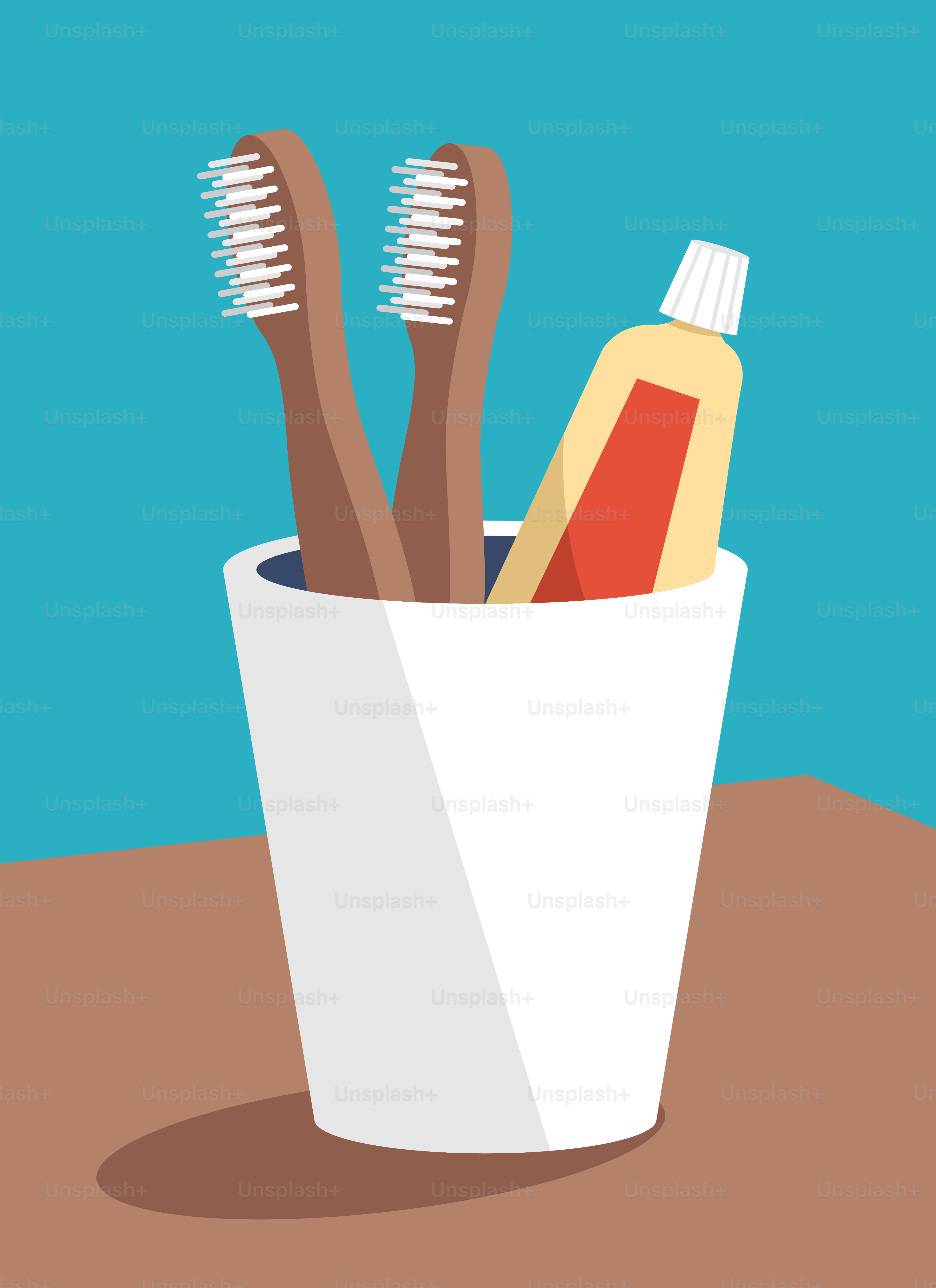 A cup with toothbrushes and toothpaste in it