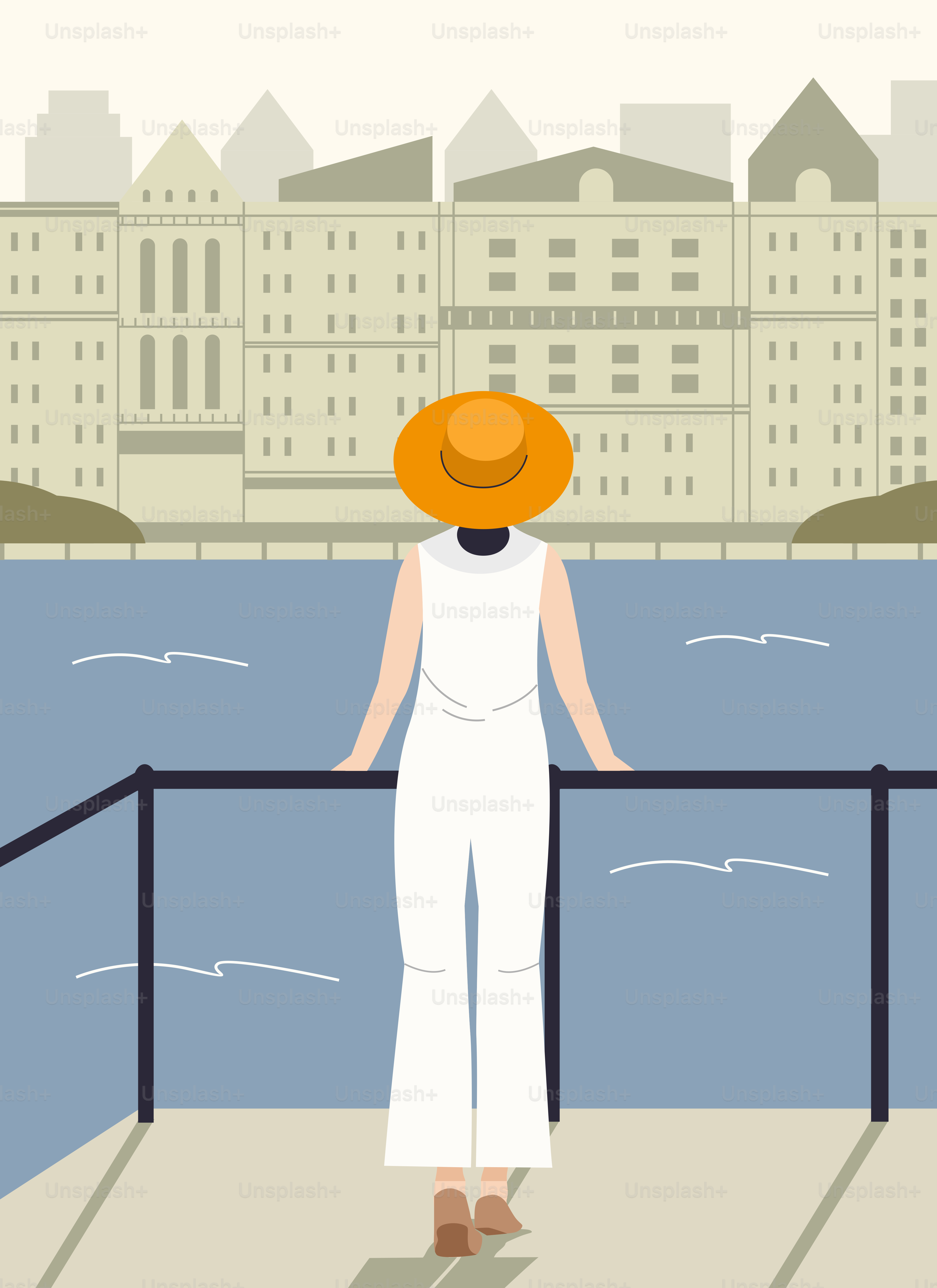 A woman in a white dress and orange hat looking out over the water