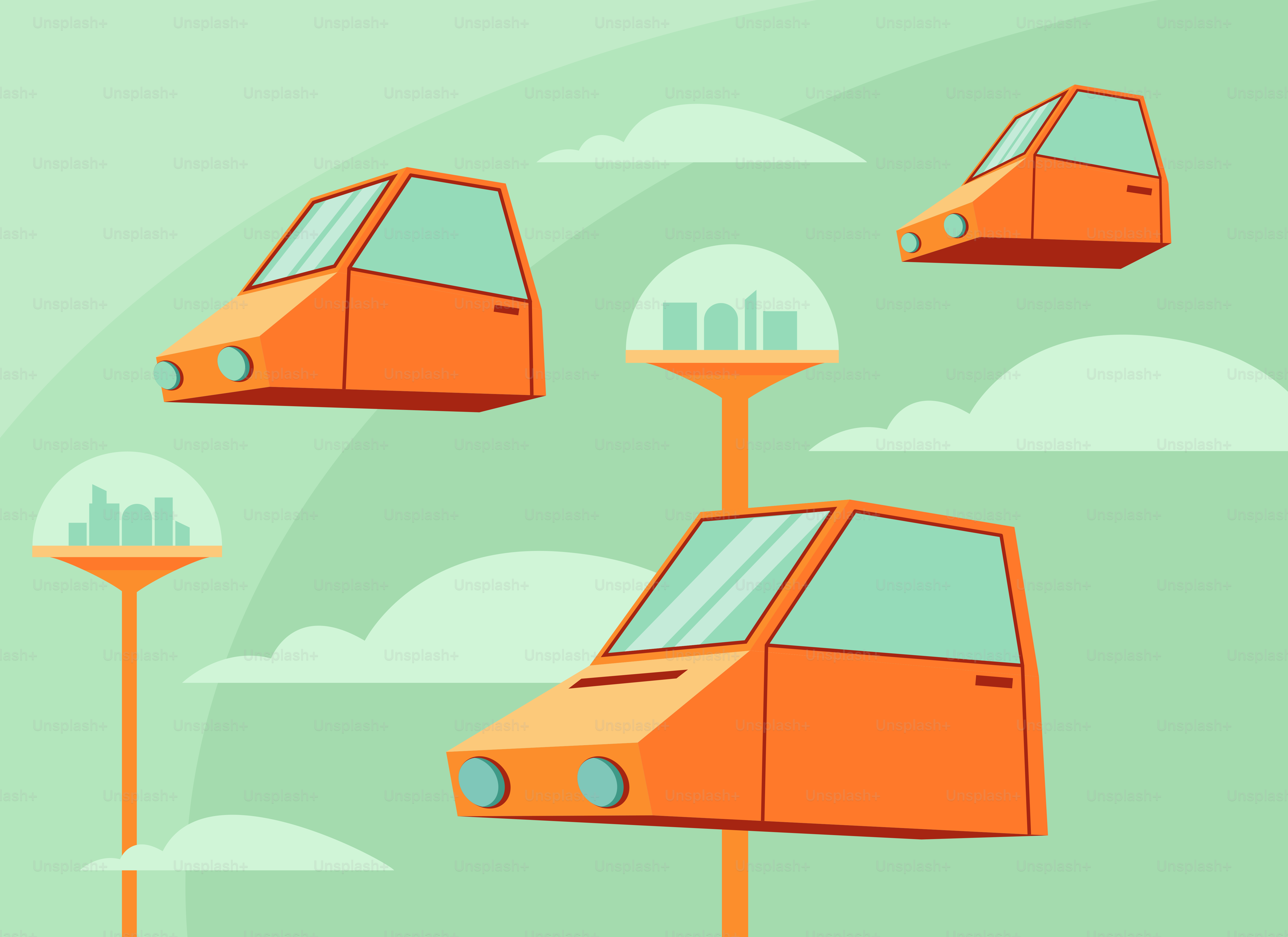 An orange car driving down a street next to a traffic light