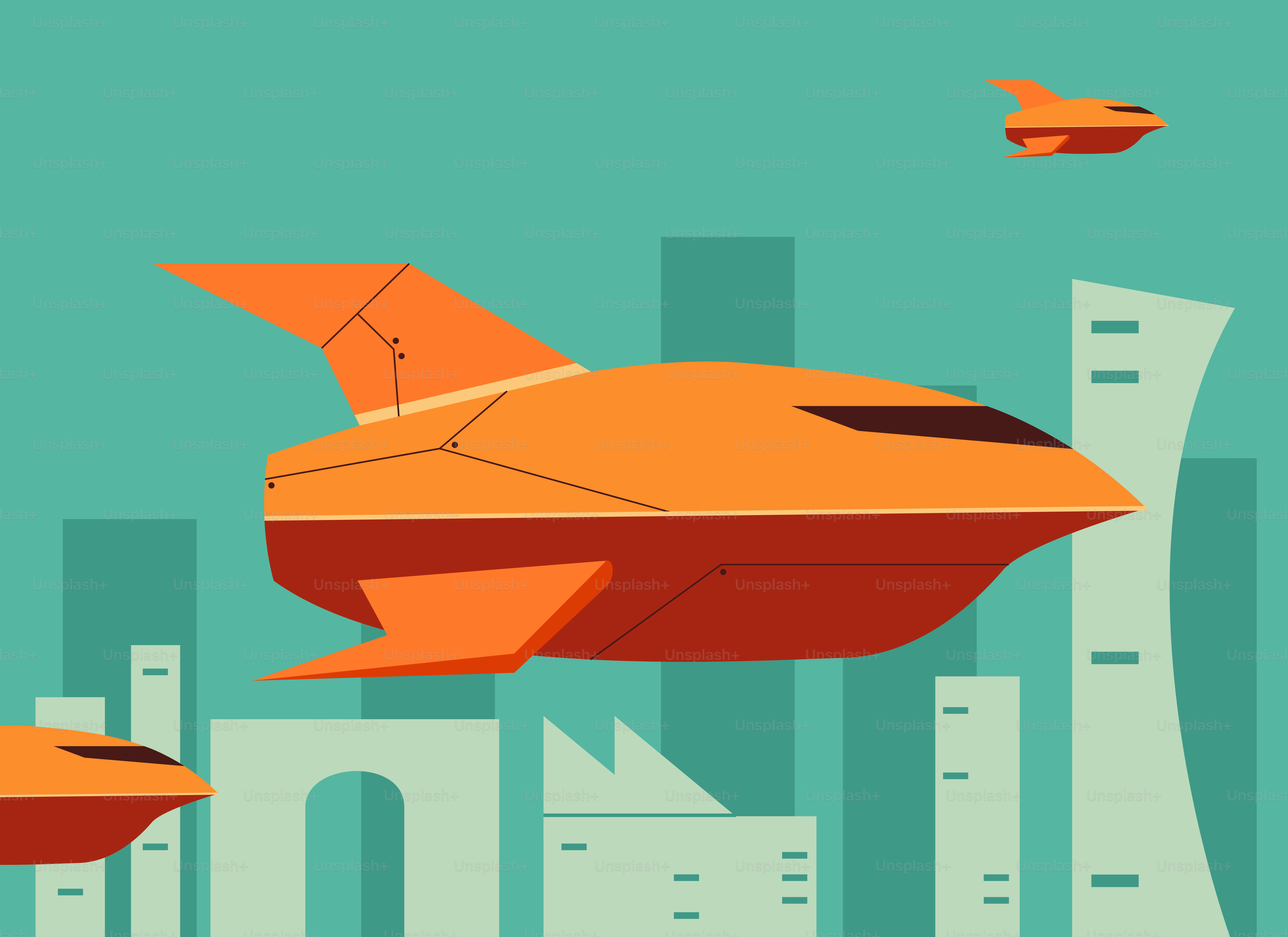 A group of orange planes flying over a city