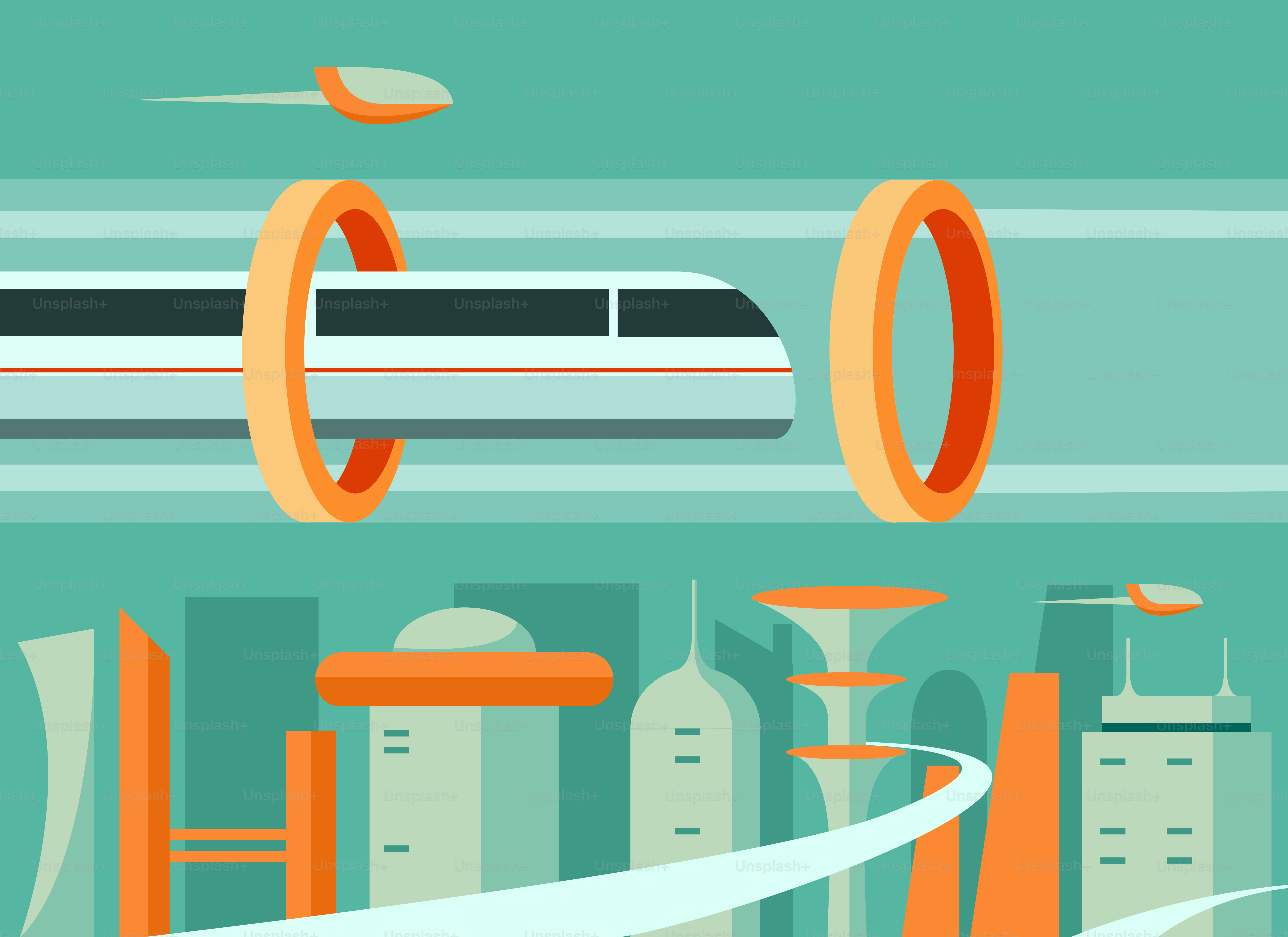 A train traveling through a train station next to tall buildings