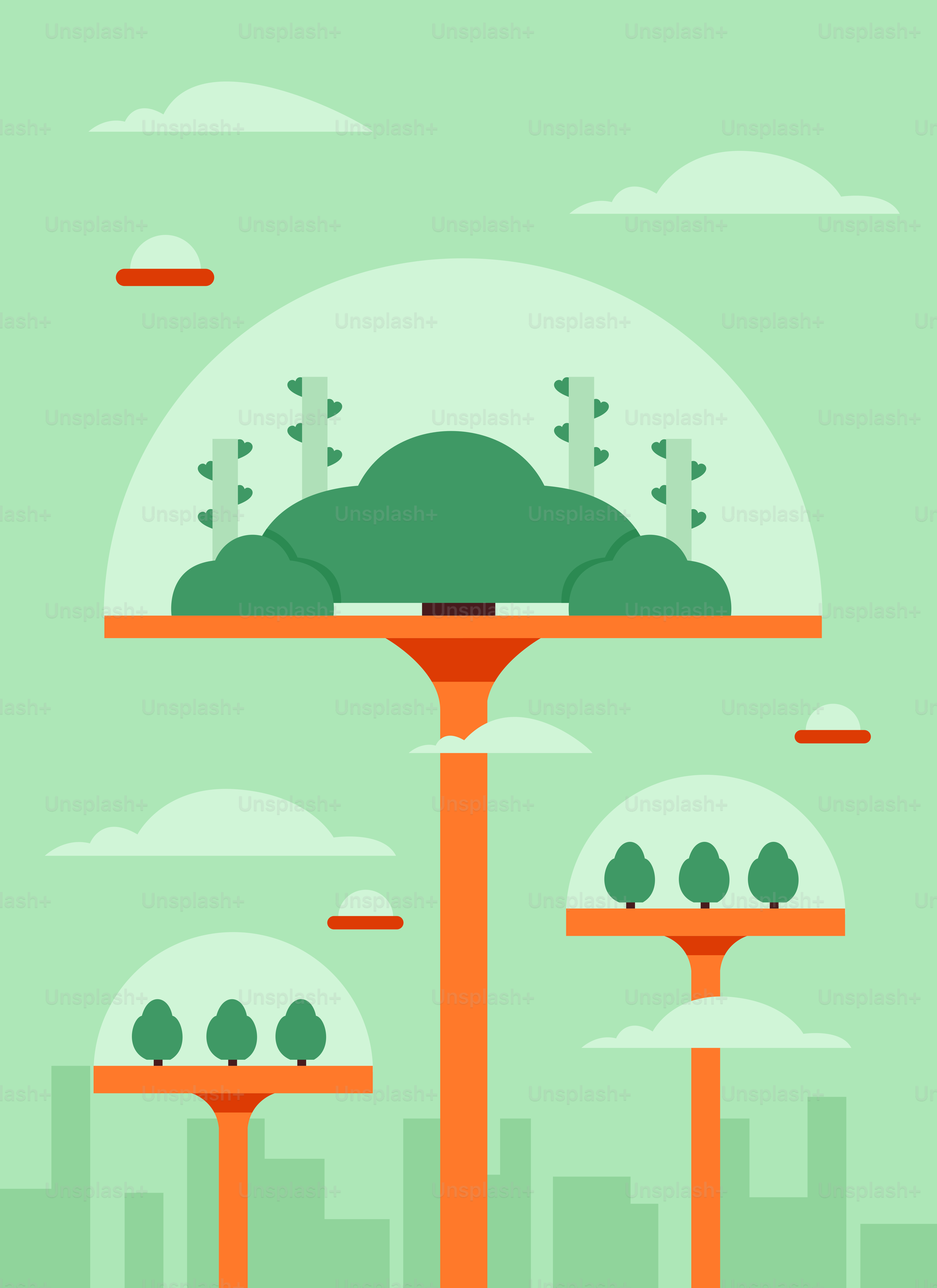 A green landscape with trees and buildings in the background