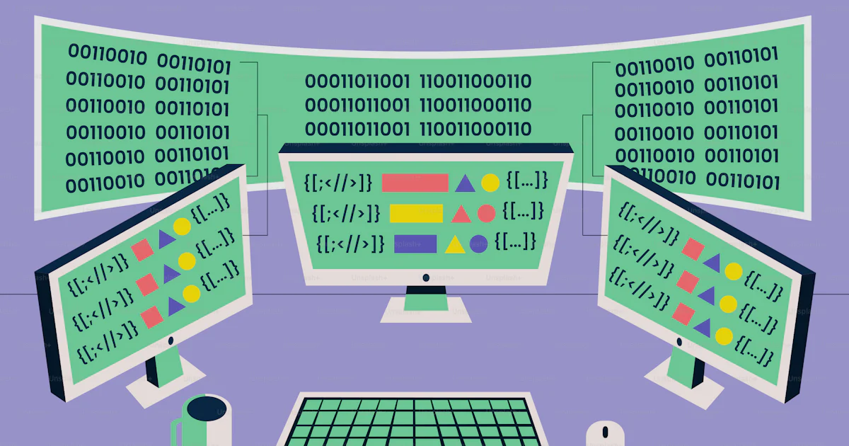 Same Size Computer Programing Images A computer monitor sitting on top of a desk vector – Code programming ...