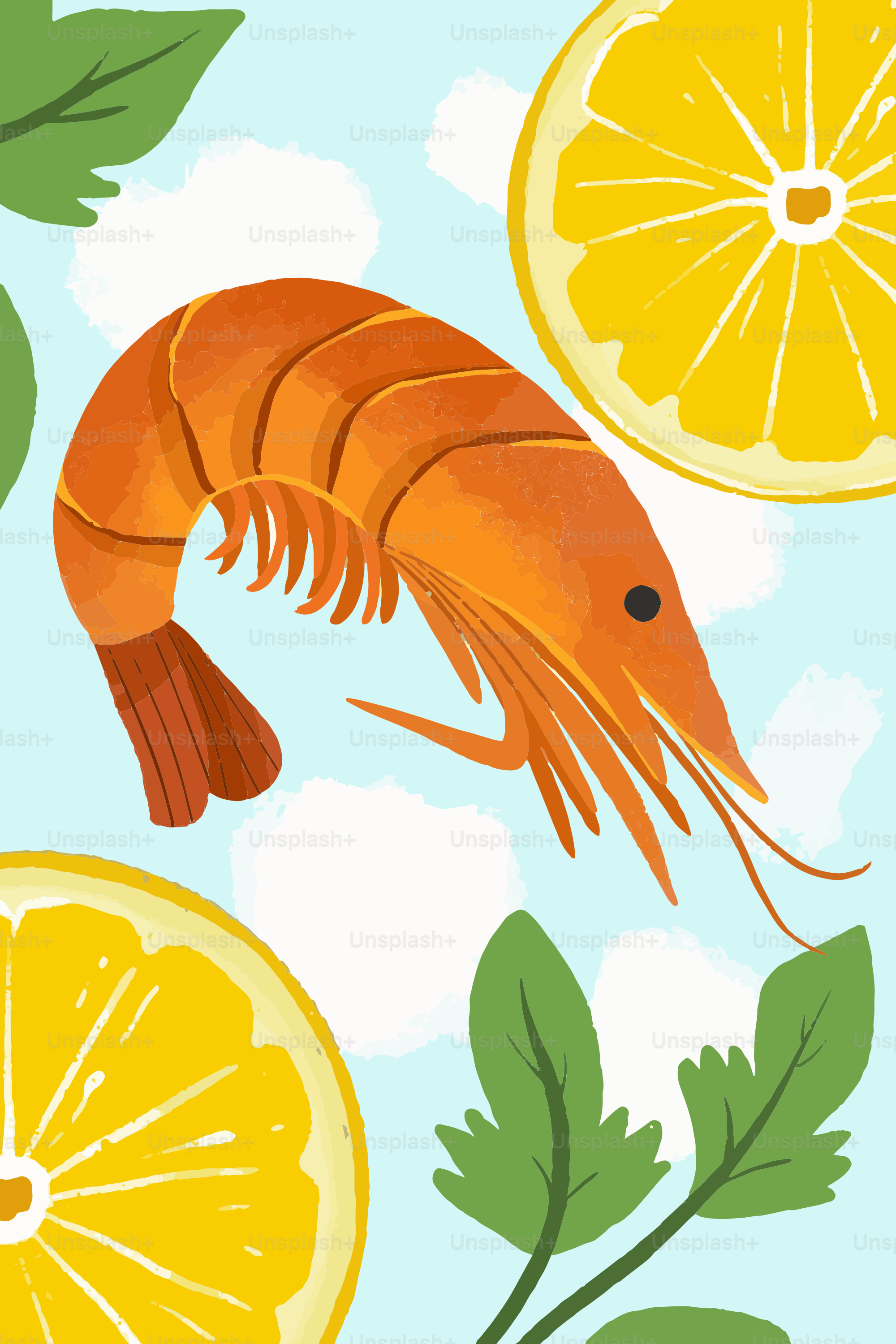 A shrimp and lemon slices on a blue background