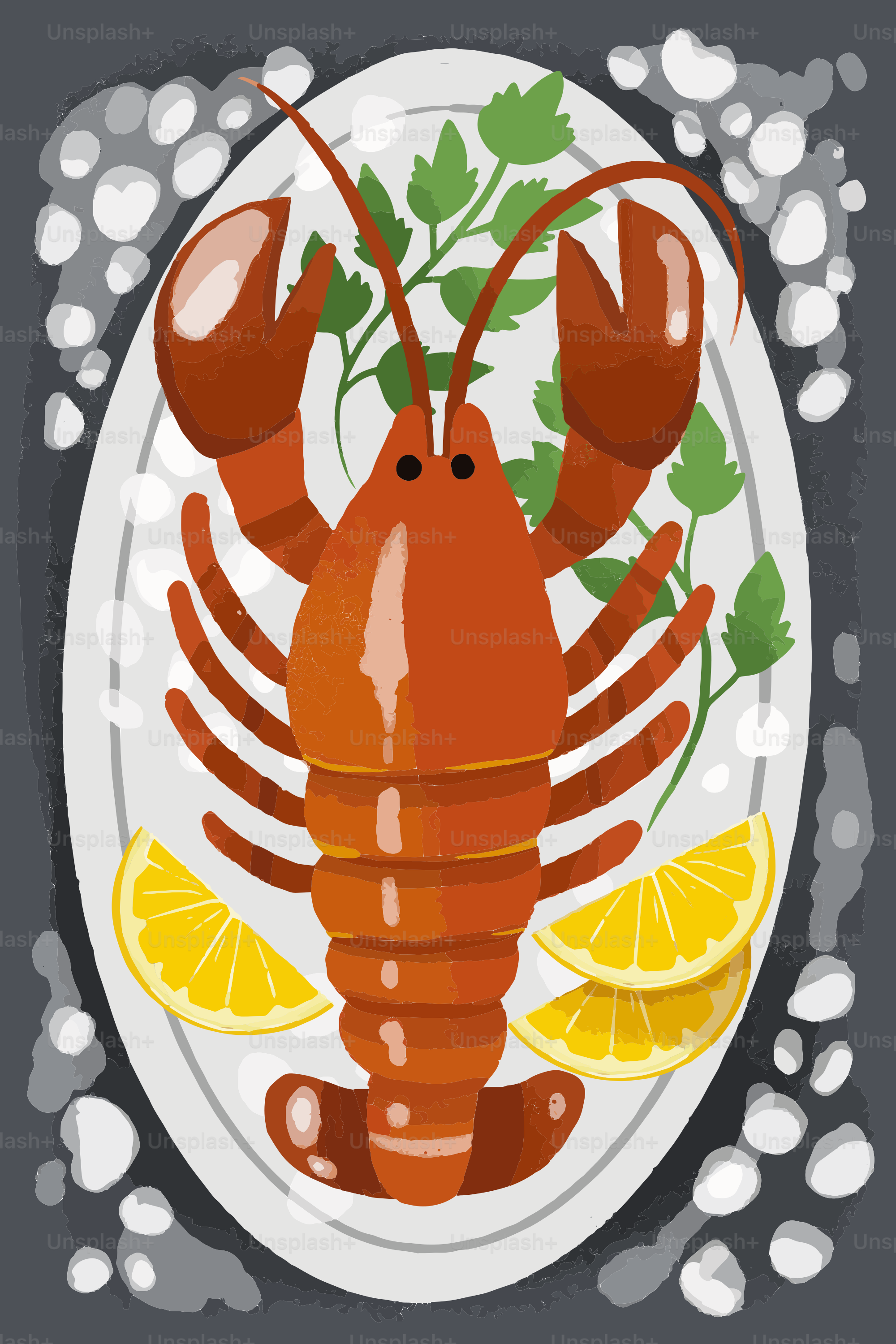 A plate with a lobster and lemon slices on it