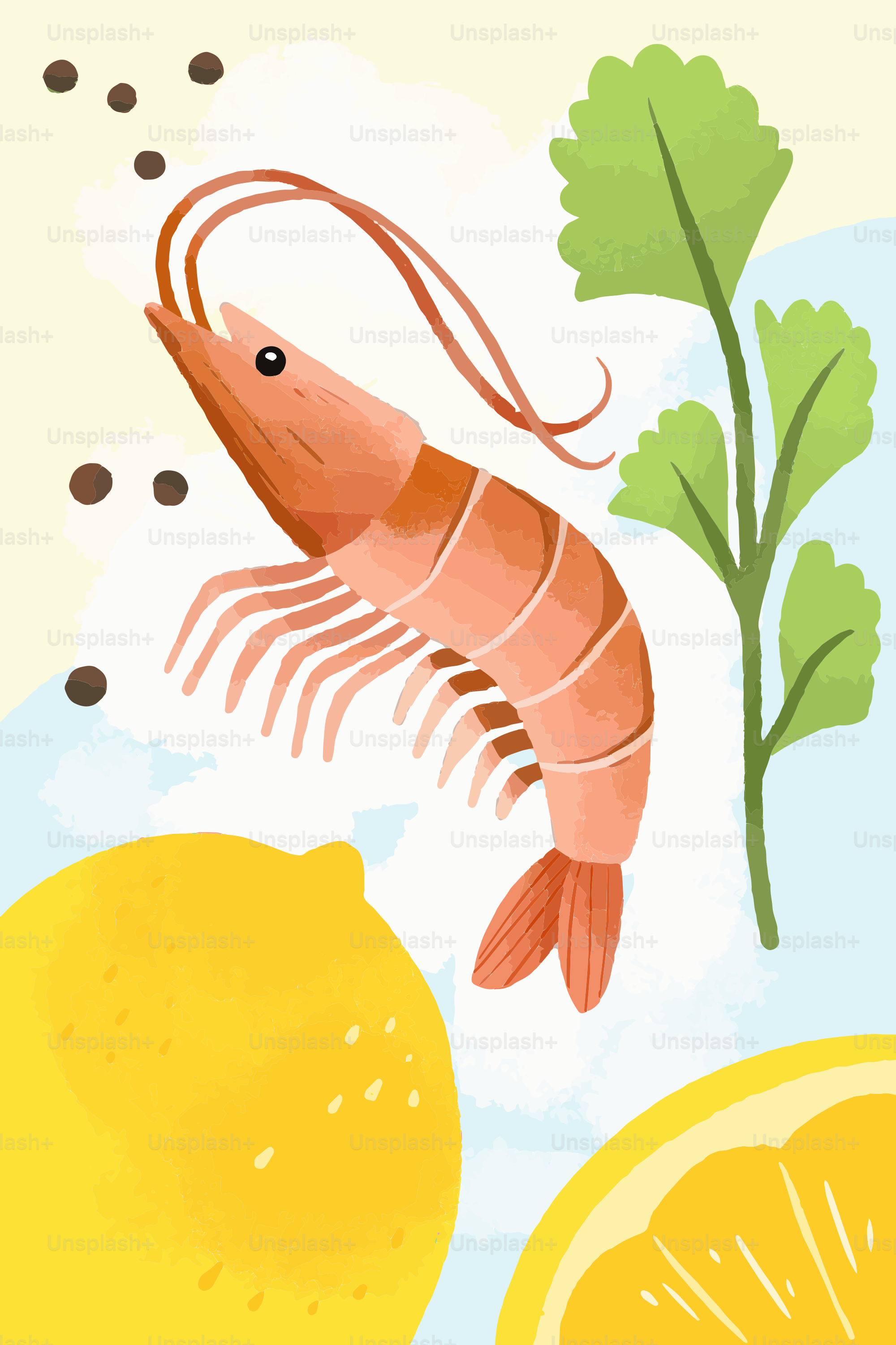 Una foto de gambas y limones sobre un fondo azul