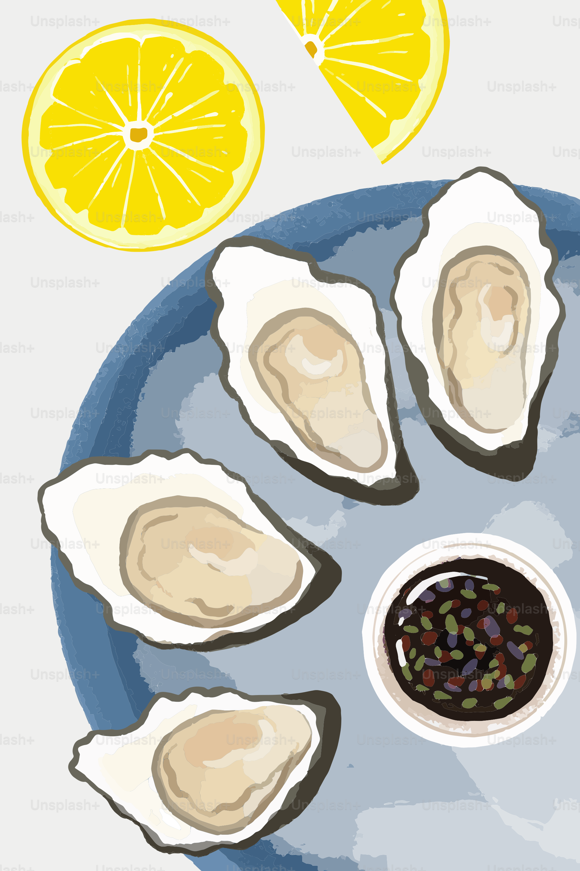 Un plato de ostras con salsa para mojar