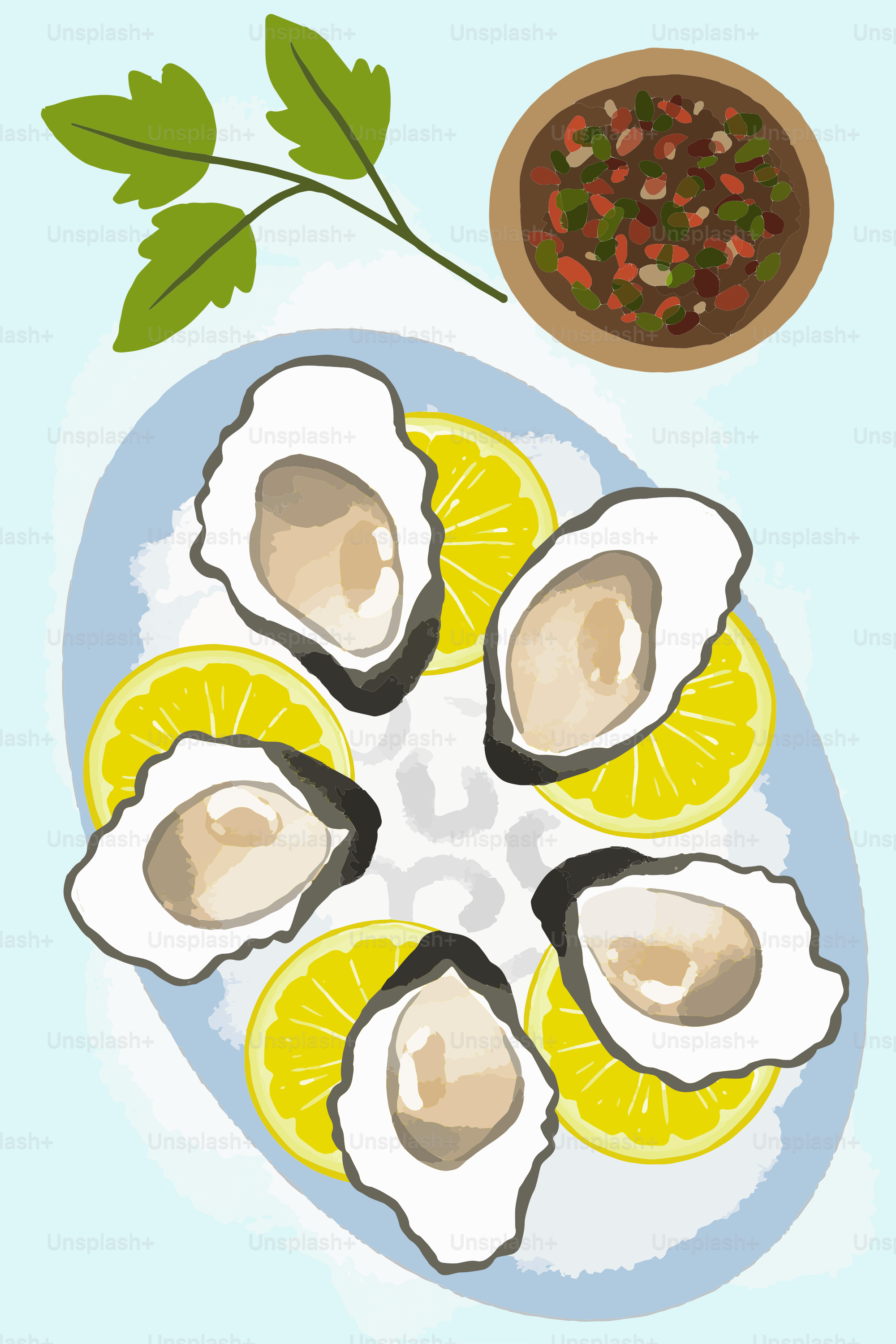 A plate of oysters and a bowl of sauce