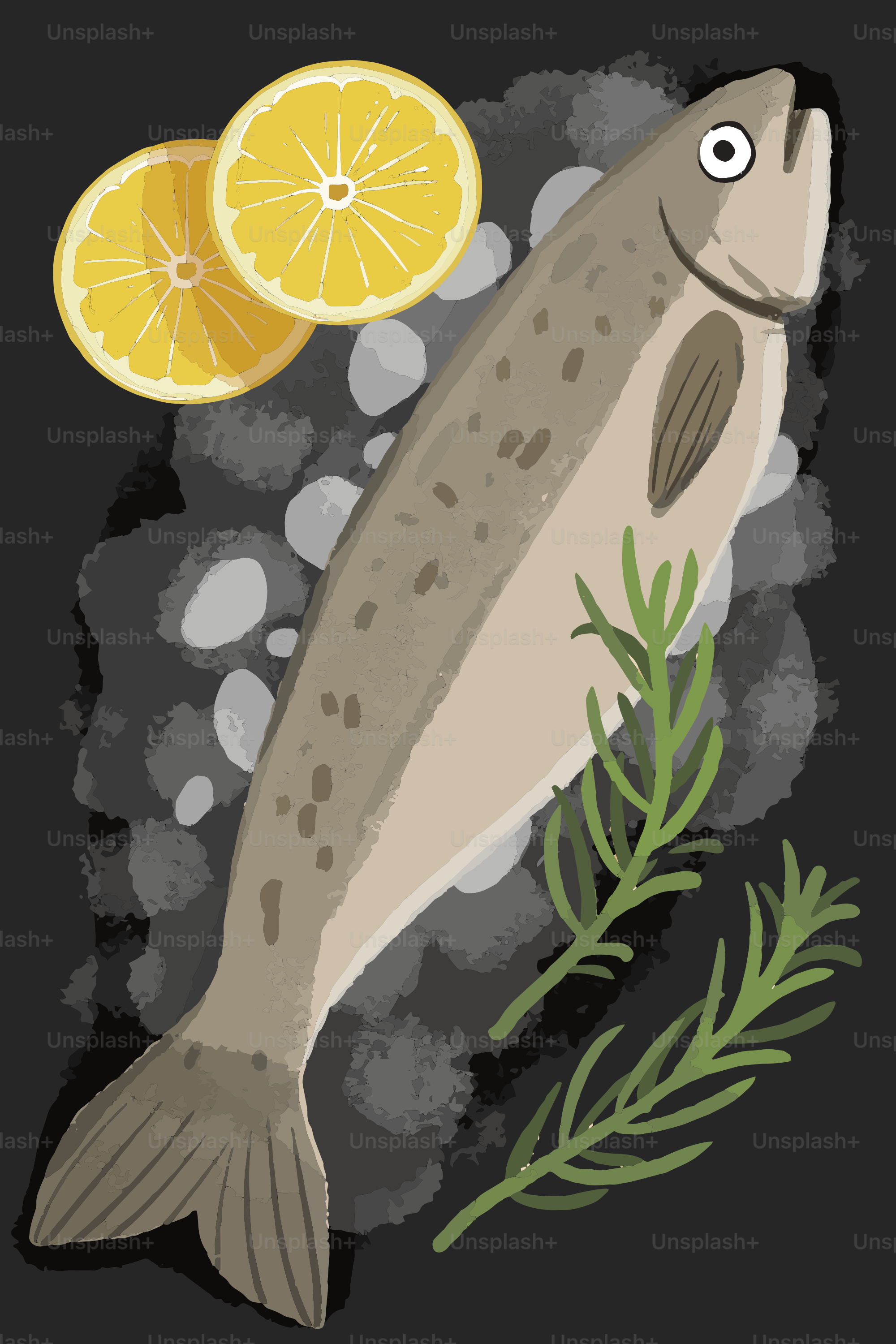 A picture of a fish with lemon slices on it