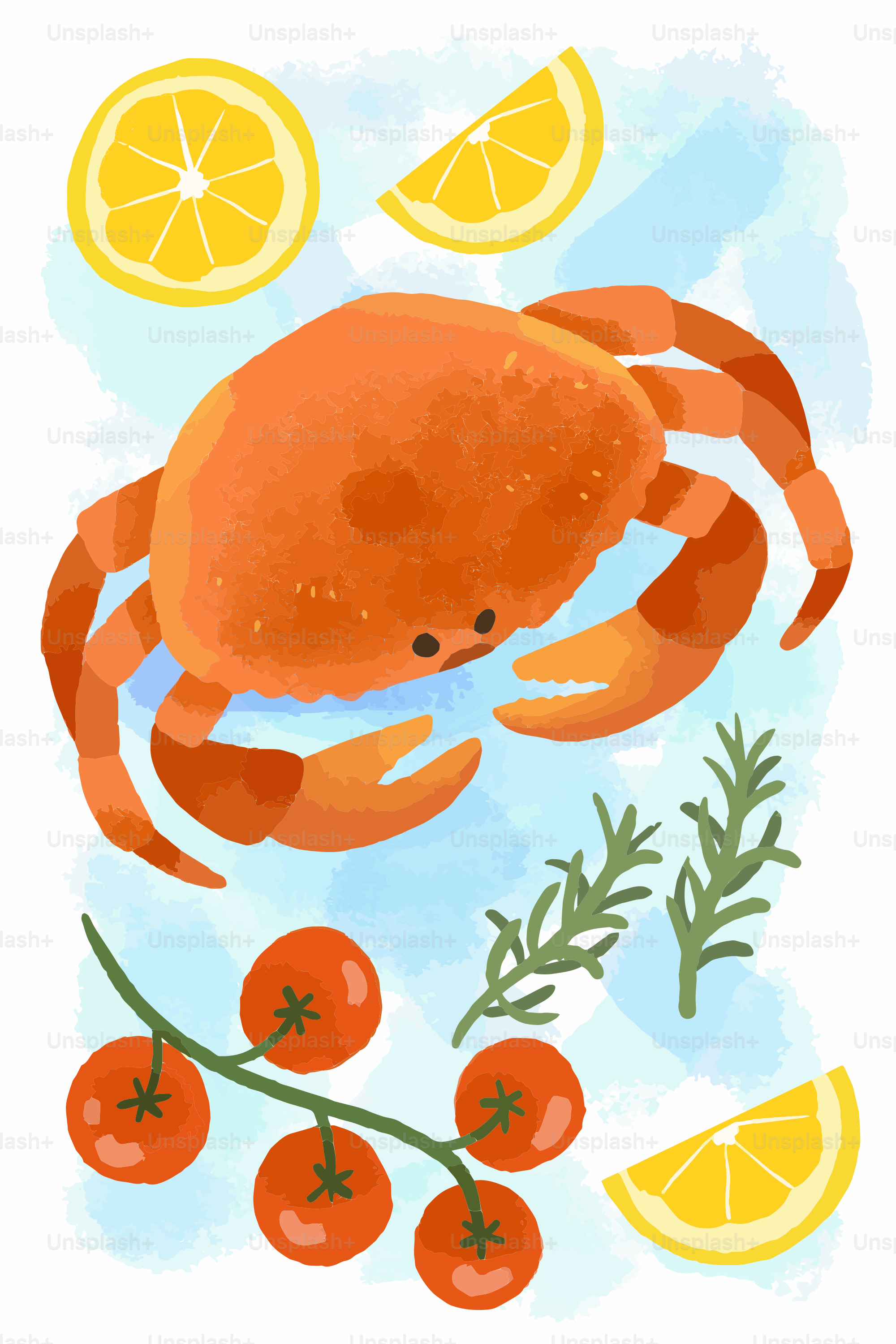 Un cangrejo con limones y tomates en una rama