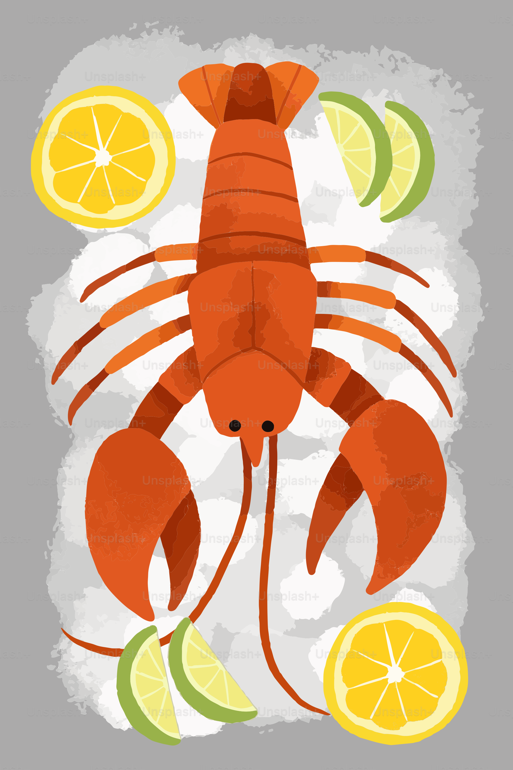 Una langosta con limones y limas sobre fondo gris