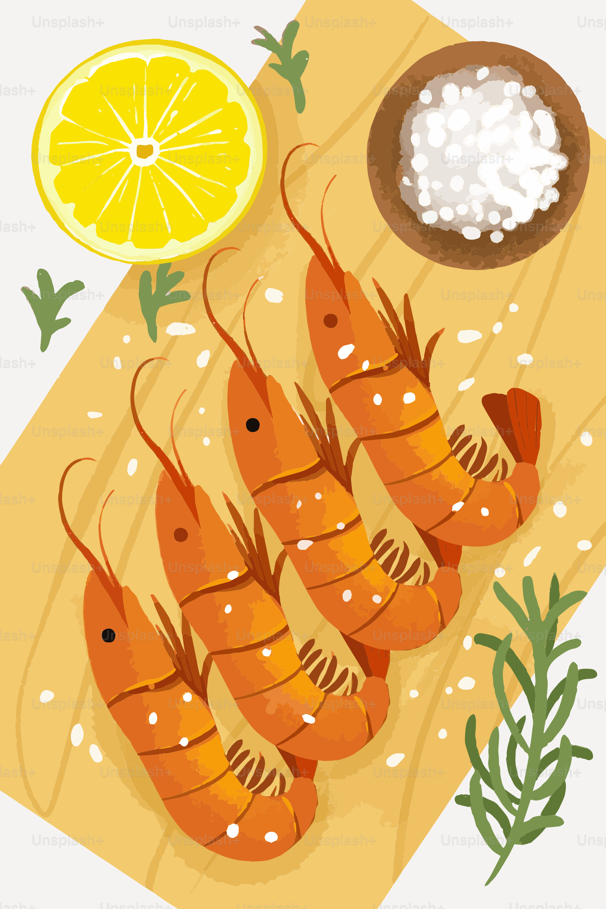 A plate of shrimp and rice next to a lemon slice