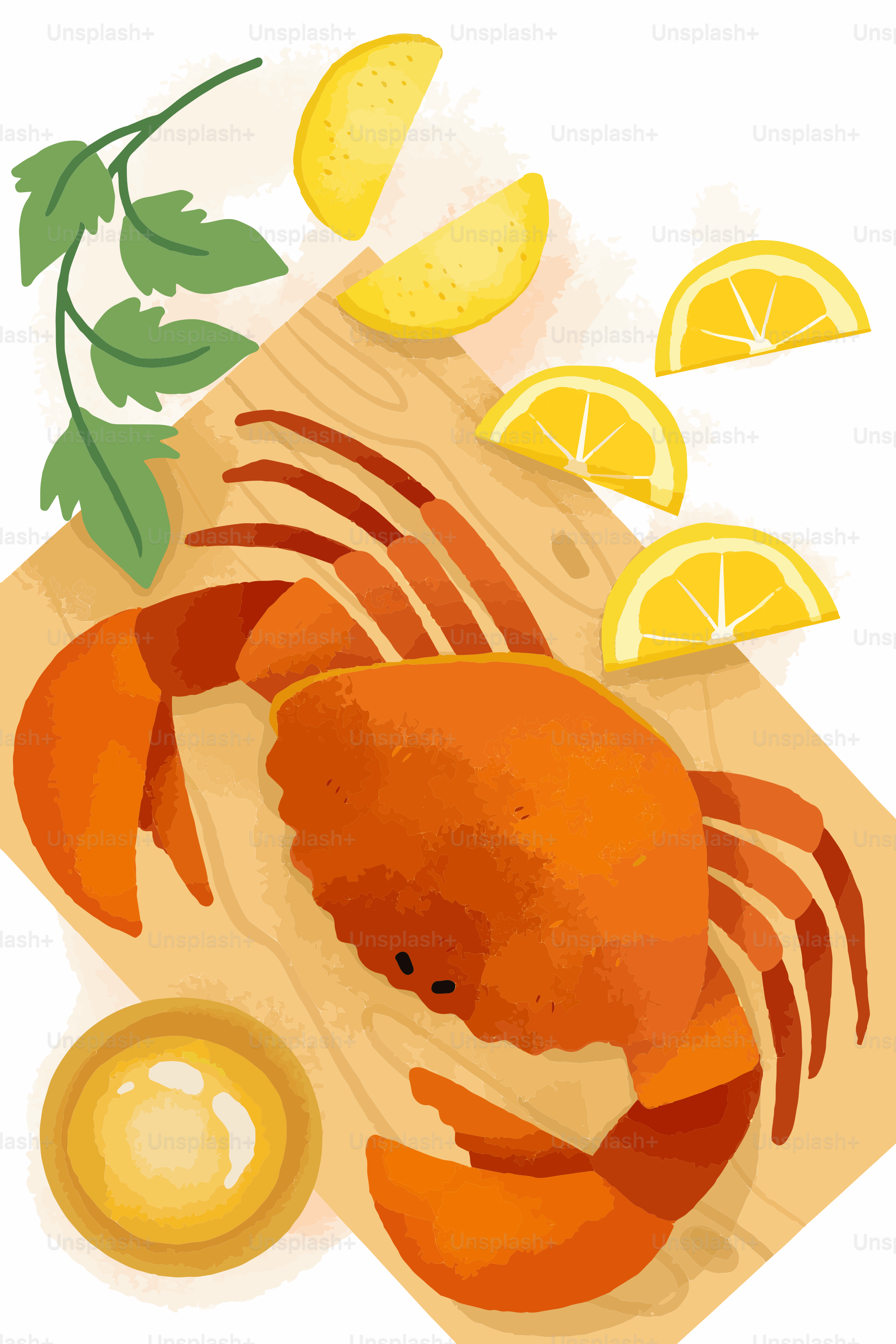 A picture of a crab and lemons on a cutting board