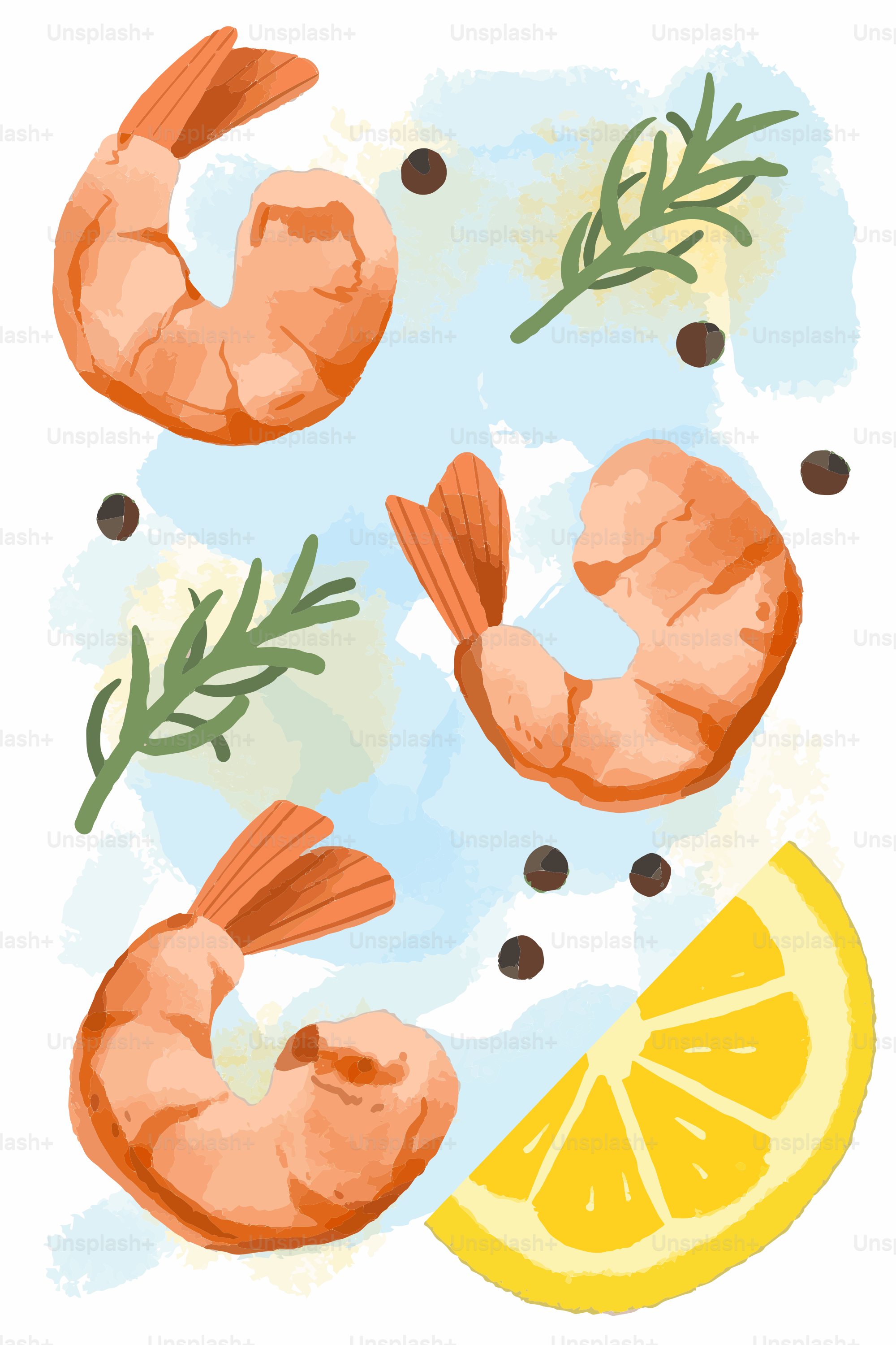 Un cuadro de camarones y rodajas de limón