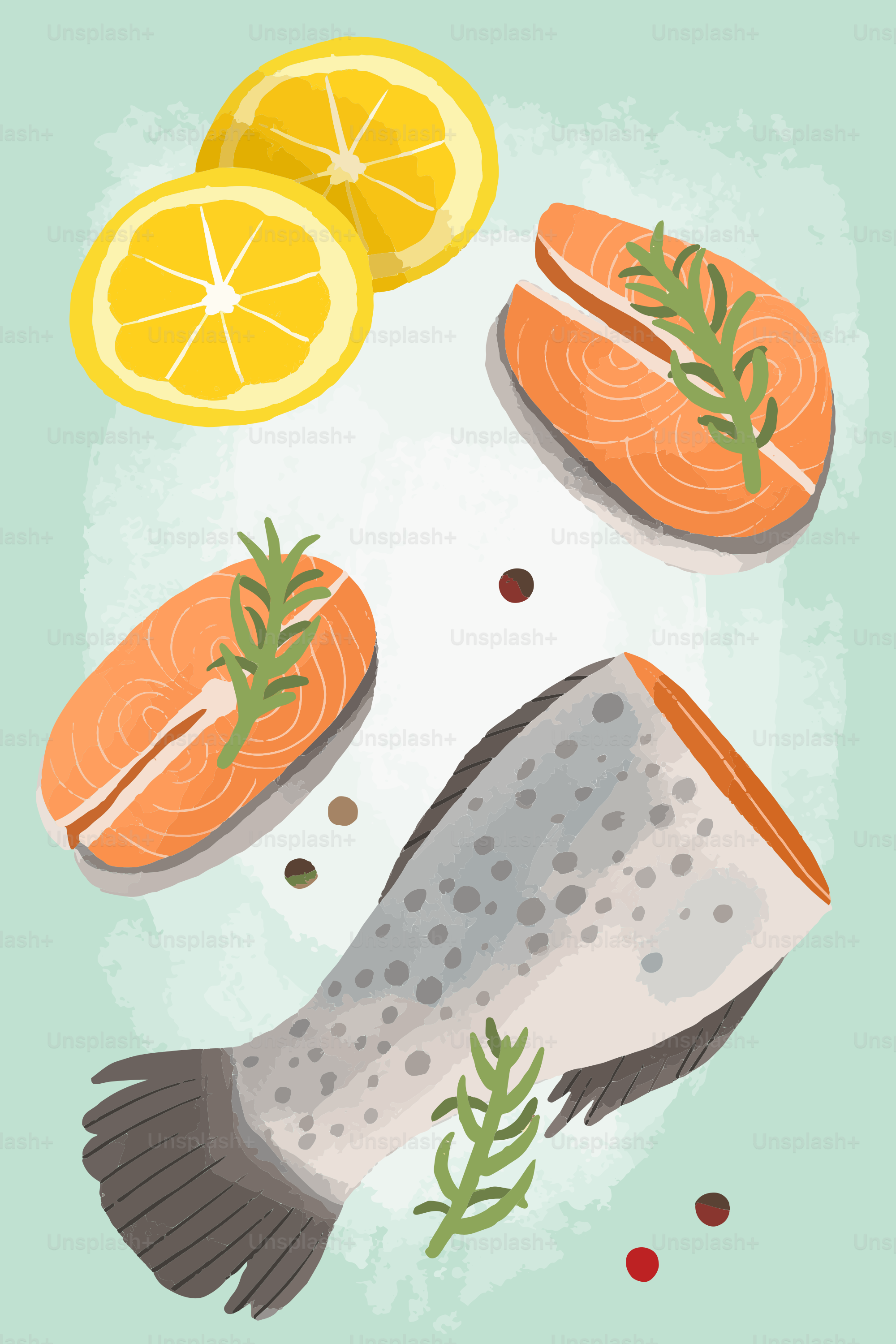 A fish and some lemons on a blue background