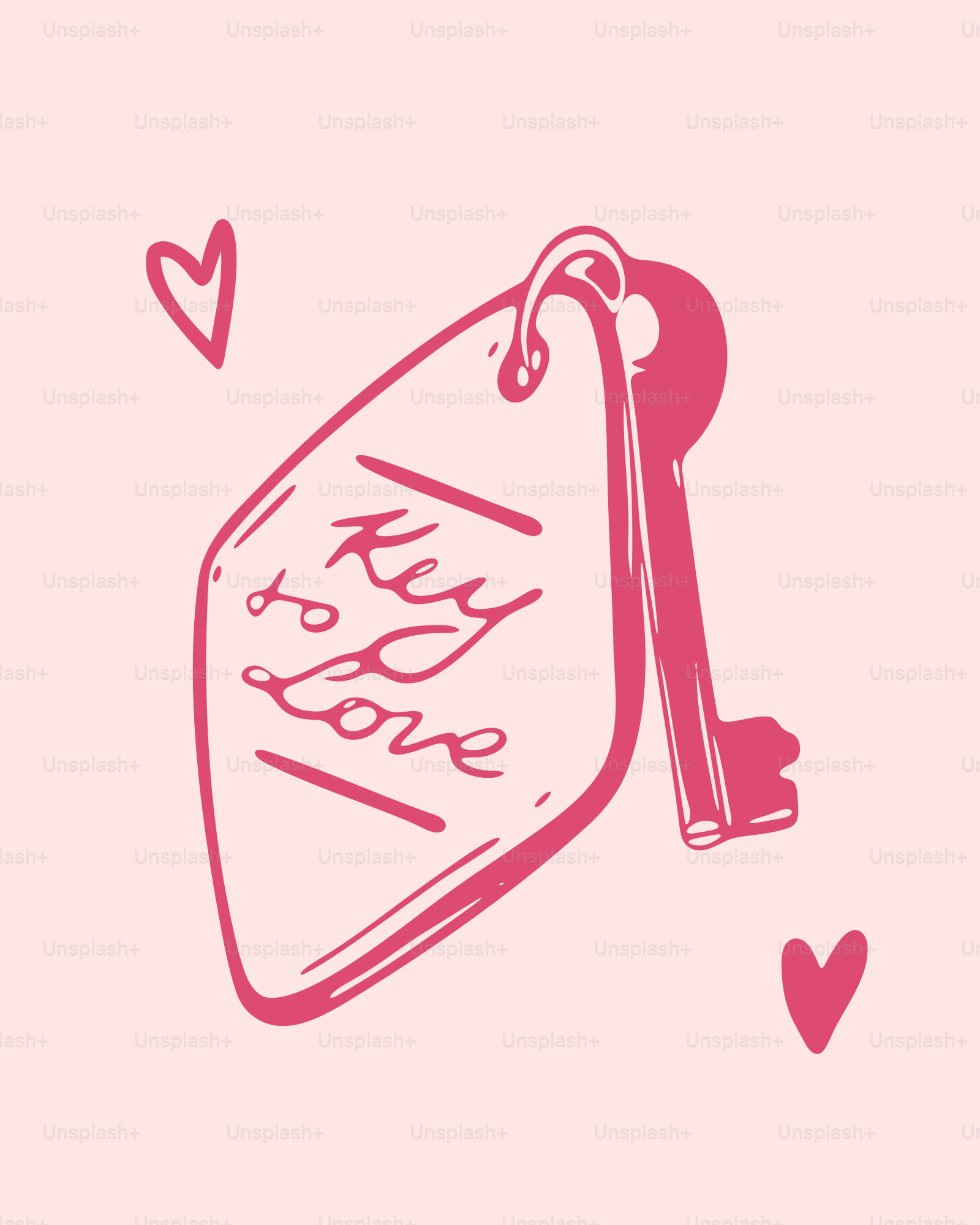 Ein rosafarbener Hintergrund mit einem Schlüssel und Herzen