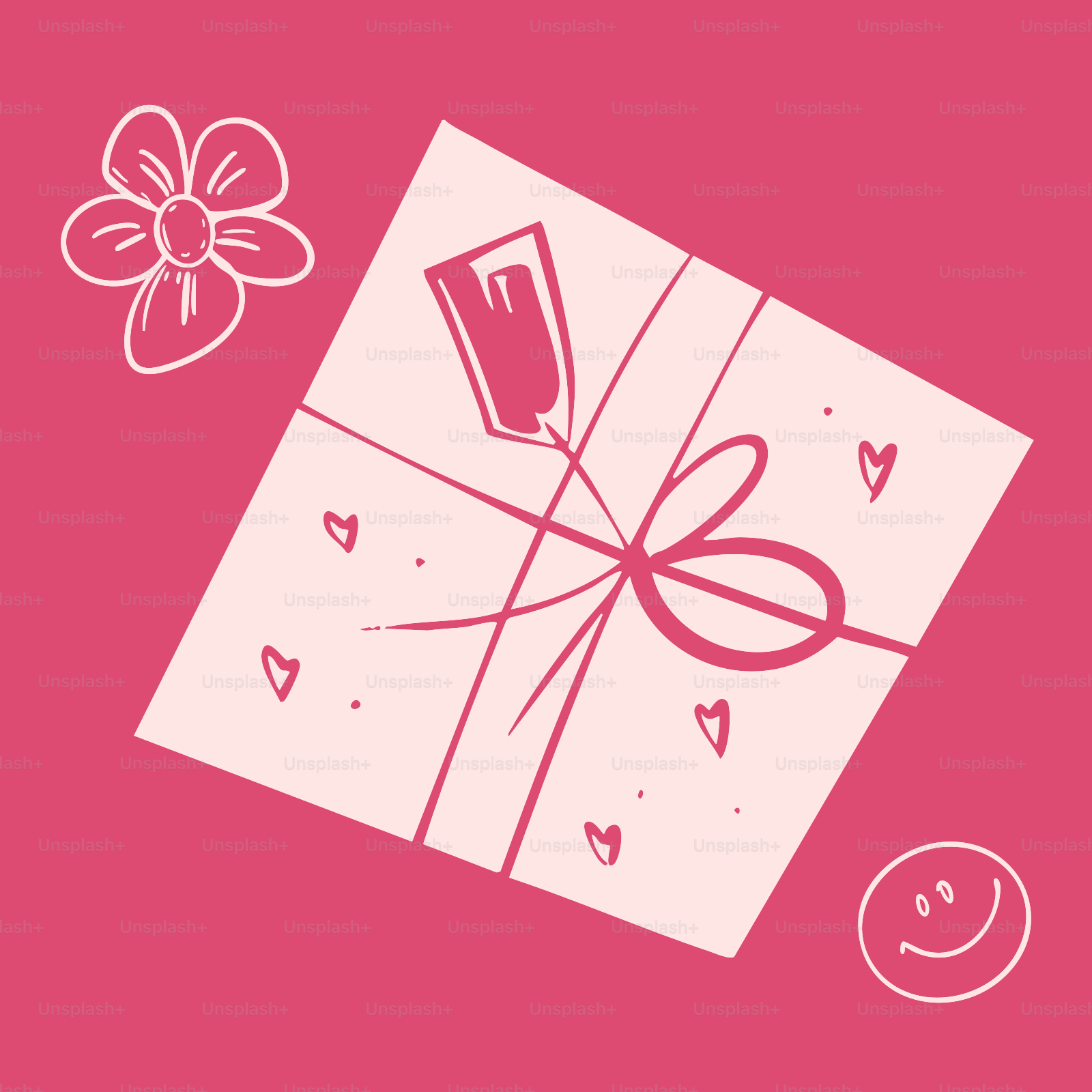 A pink background with a gift box and a smiley face