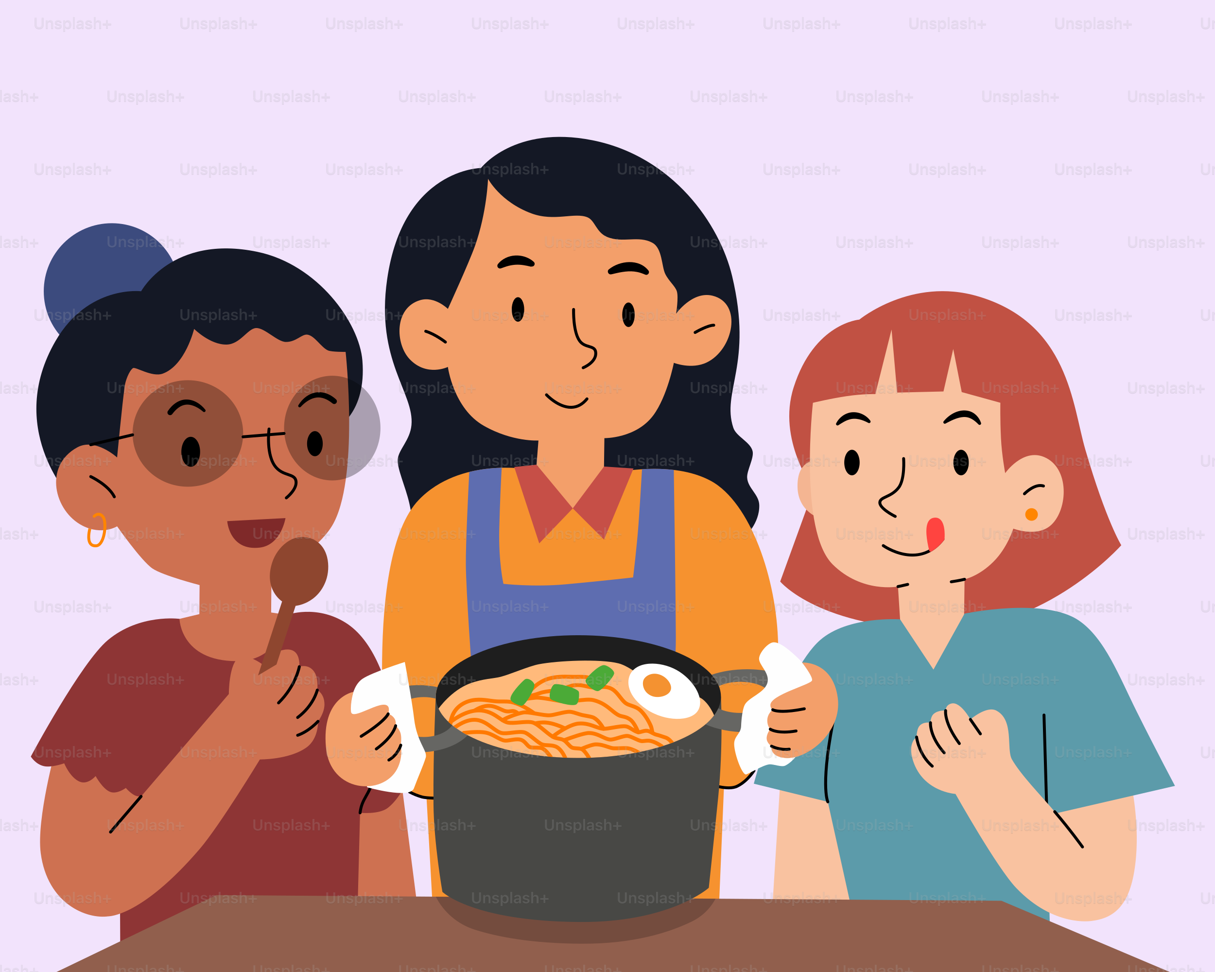 A group of people standing around a pot of food